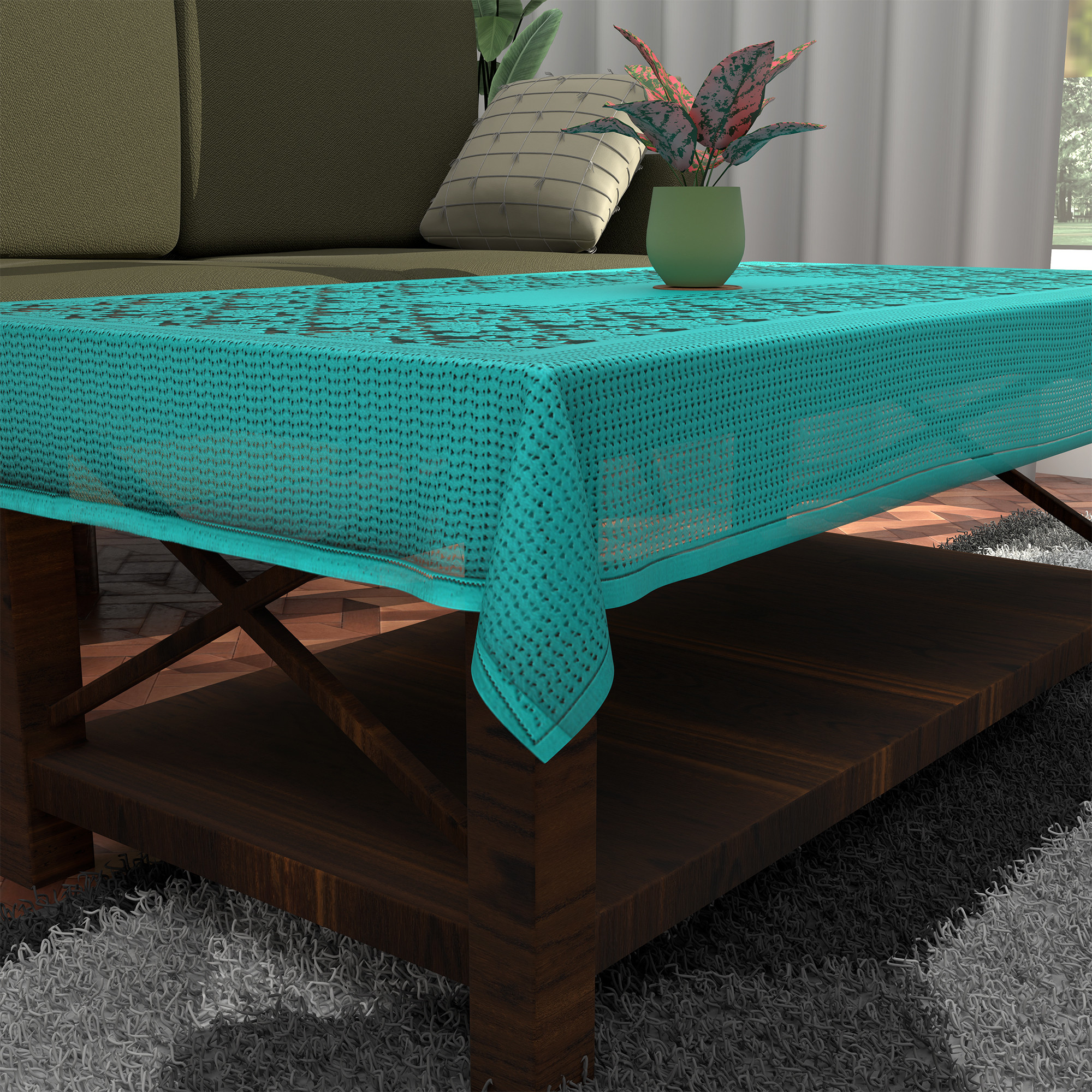 Kuber Industries es Net Durable  Washable  Dining Table Cover for Living Room  Anti Slip TeapoyComputer  Office Table ClothSheet  Self Flower - Aqua