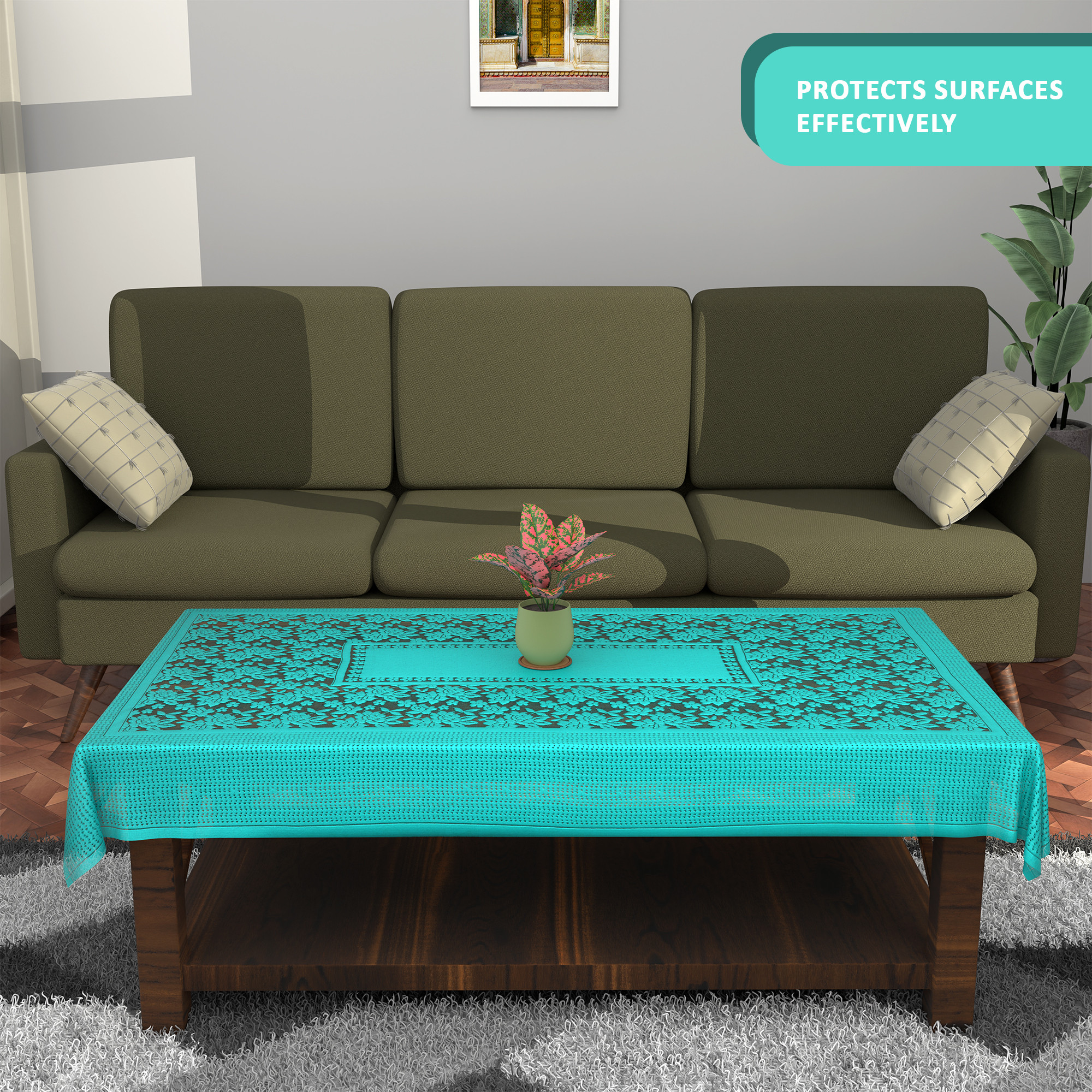 Kuber Industries es Net Durable  Washable  Dining Table Cover for Living Room  Anti Slip TeapoyComputer  Office Table ClothSheet  Self Flower - Aqua