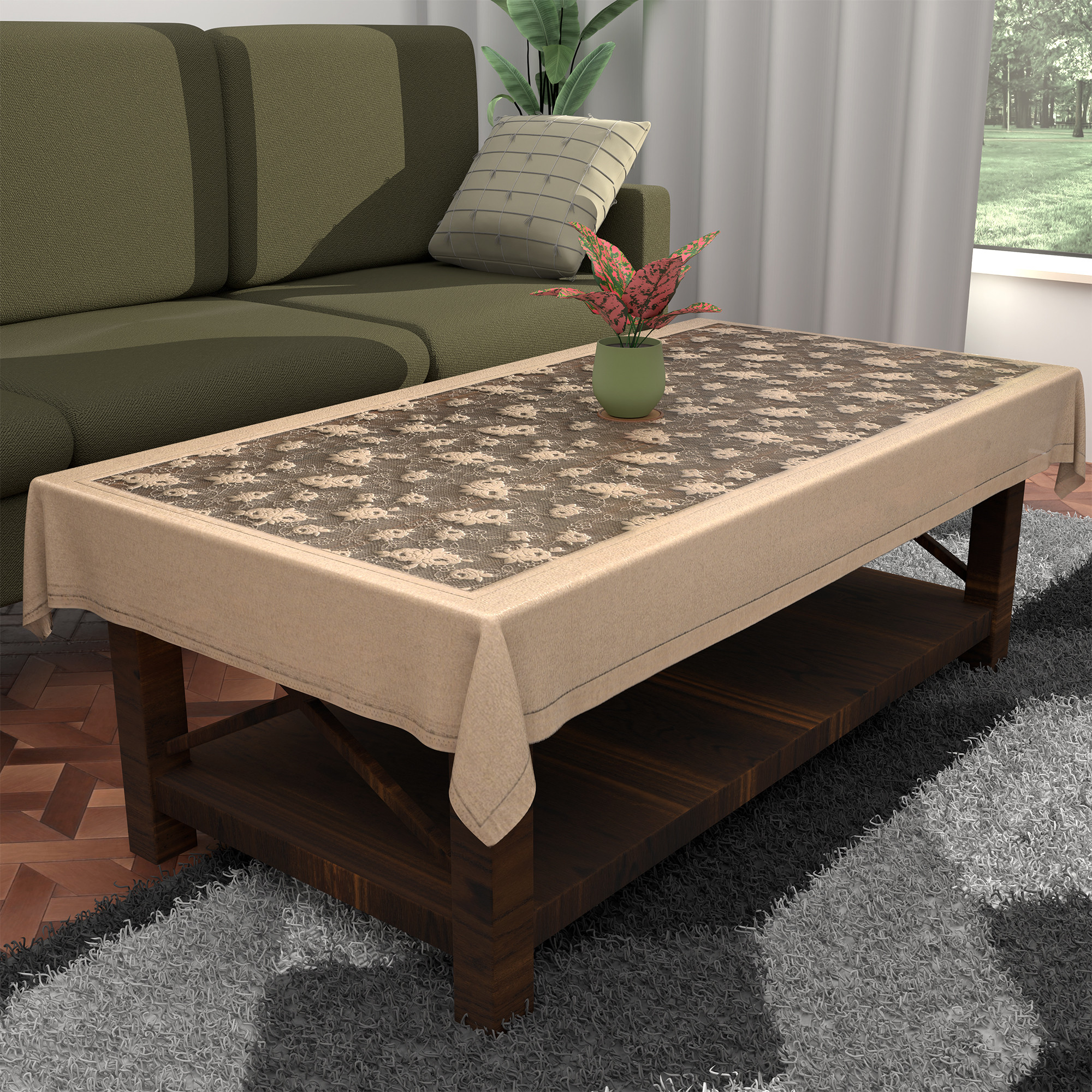 Kuber Industries es Net Durable  Washable  Dining Table Cover for Living Room  Anti Slip TeapoyComputer  Office Table ClothSheet  Self Net Hawaii - Camel Brown