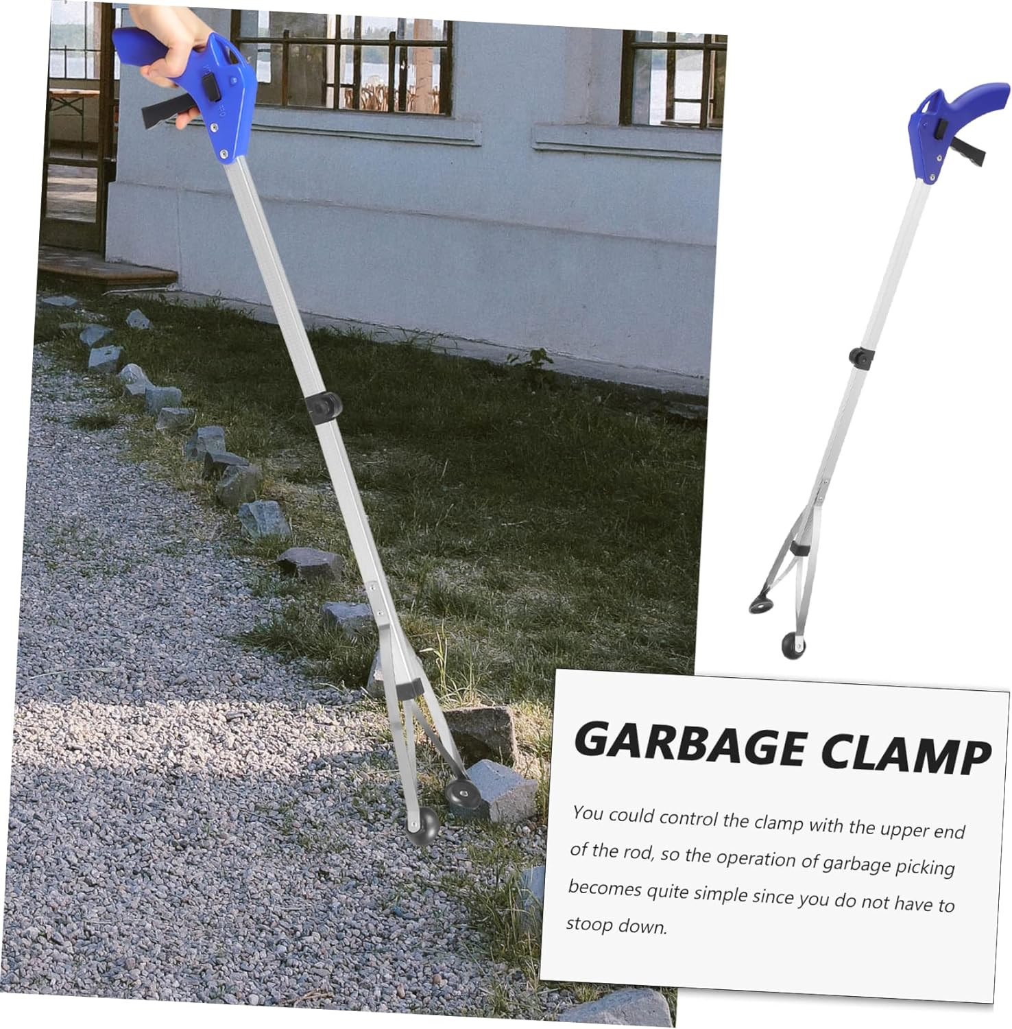 Kuber Industries Extending Garbage Picker|Foldable Helping Hand Tool| Excellent Grip Handle with Lock Latch (Blue)