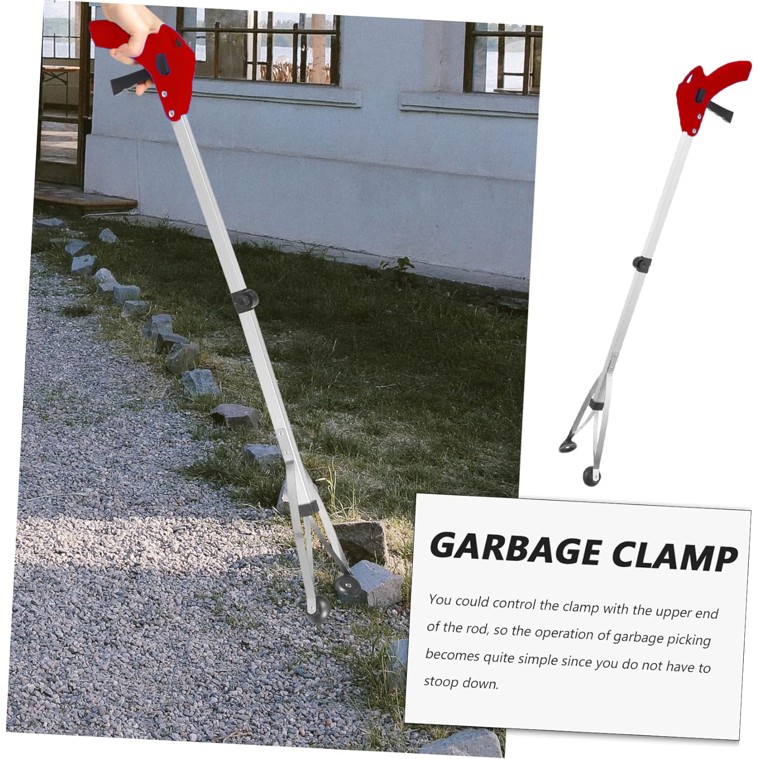 Kuber Industries Extending Garbage Picker|Foldable Helping Hand Tool| Excellent Grip Handle with Lock Latch (Red)