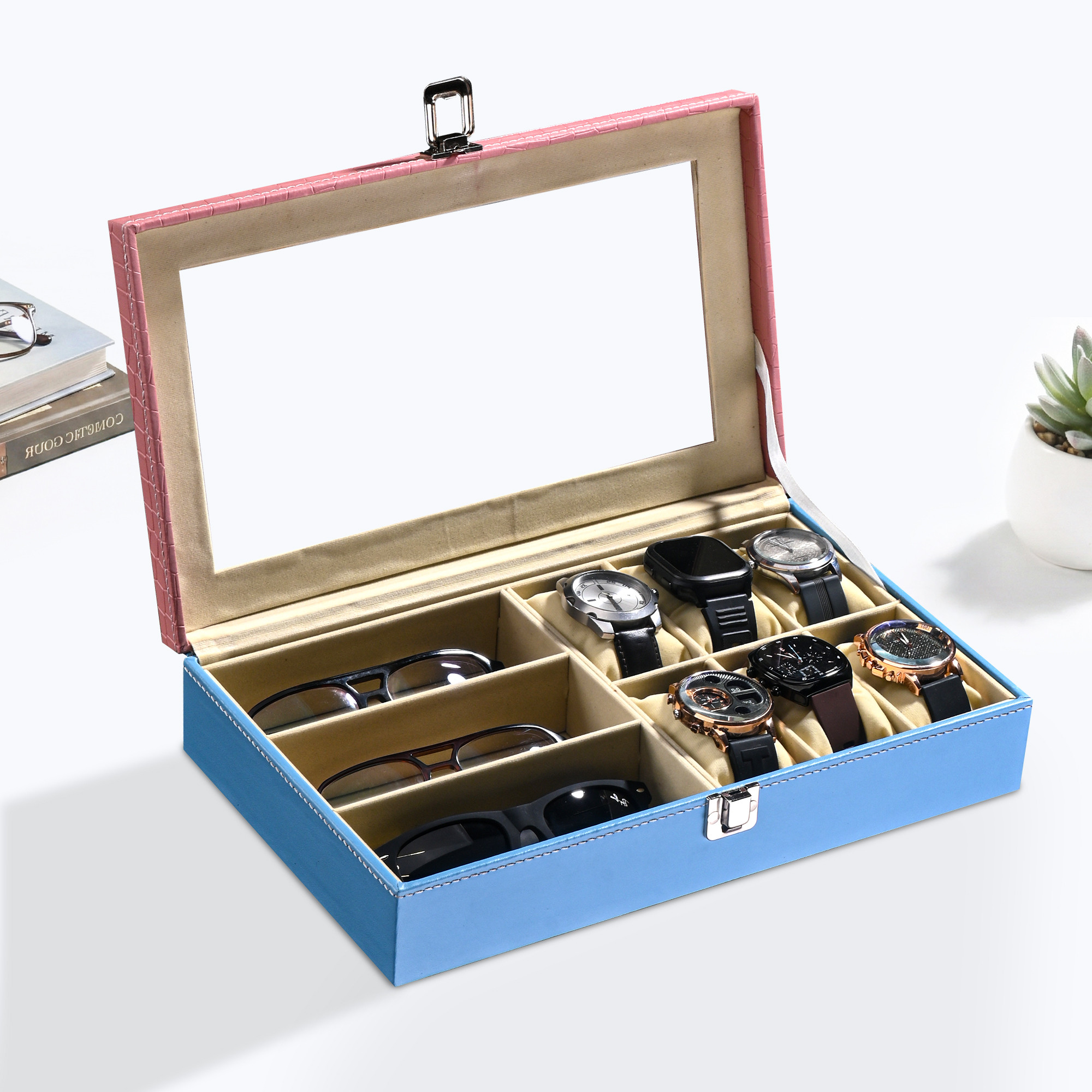 Kuber Industries Faux Lather See Through 63 Slots Wrist Watch Organizer  Sunglasses Case  Watches  3 Specs Box with Removable Pillows  Pink  Blue