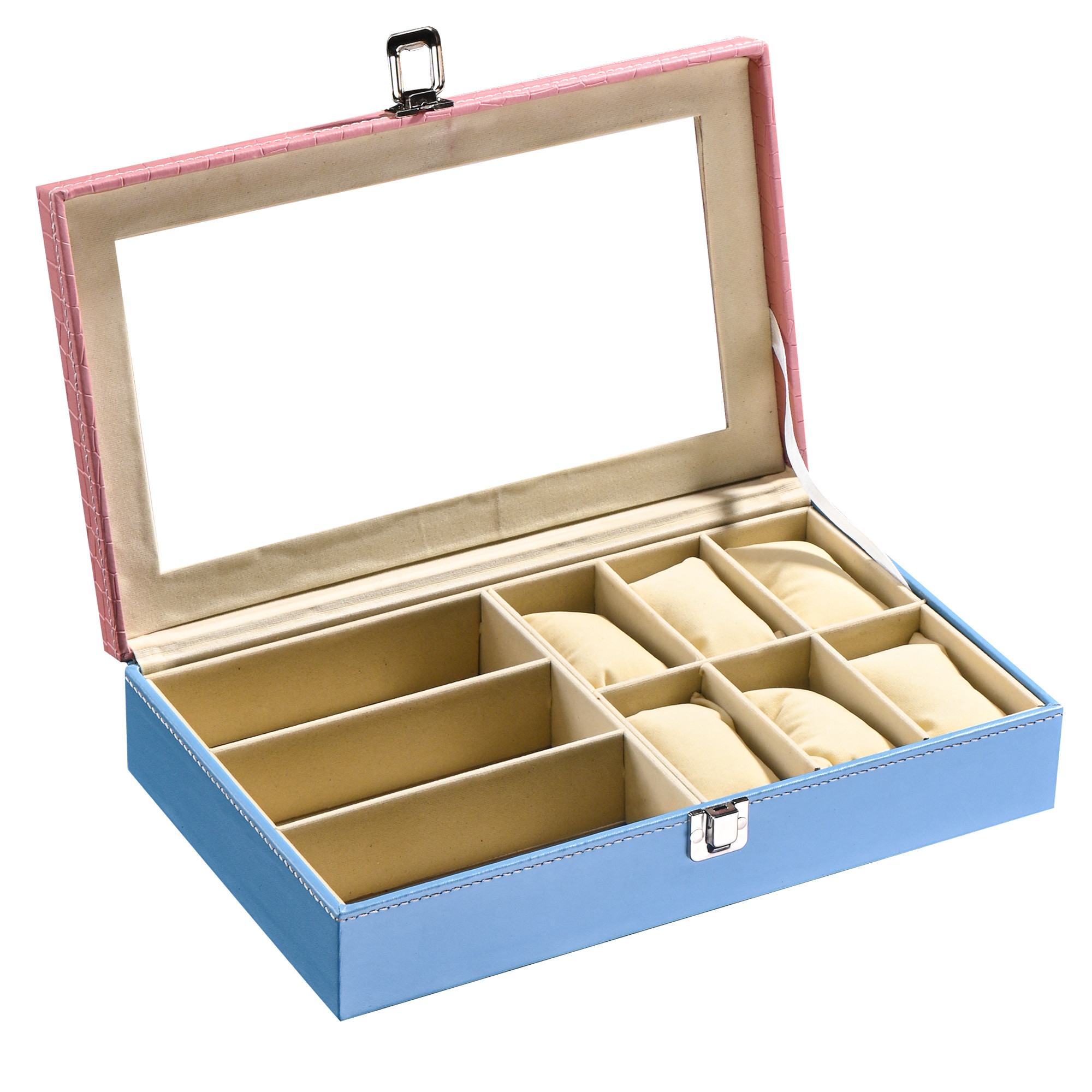 Kuber Industries Faux Lather See Through 63 Slots Wrist Watch Organizer  Sunglasses Case  Watches  3 Specs Box with Removable Pillows  Pink  Blue