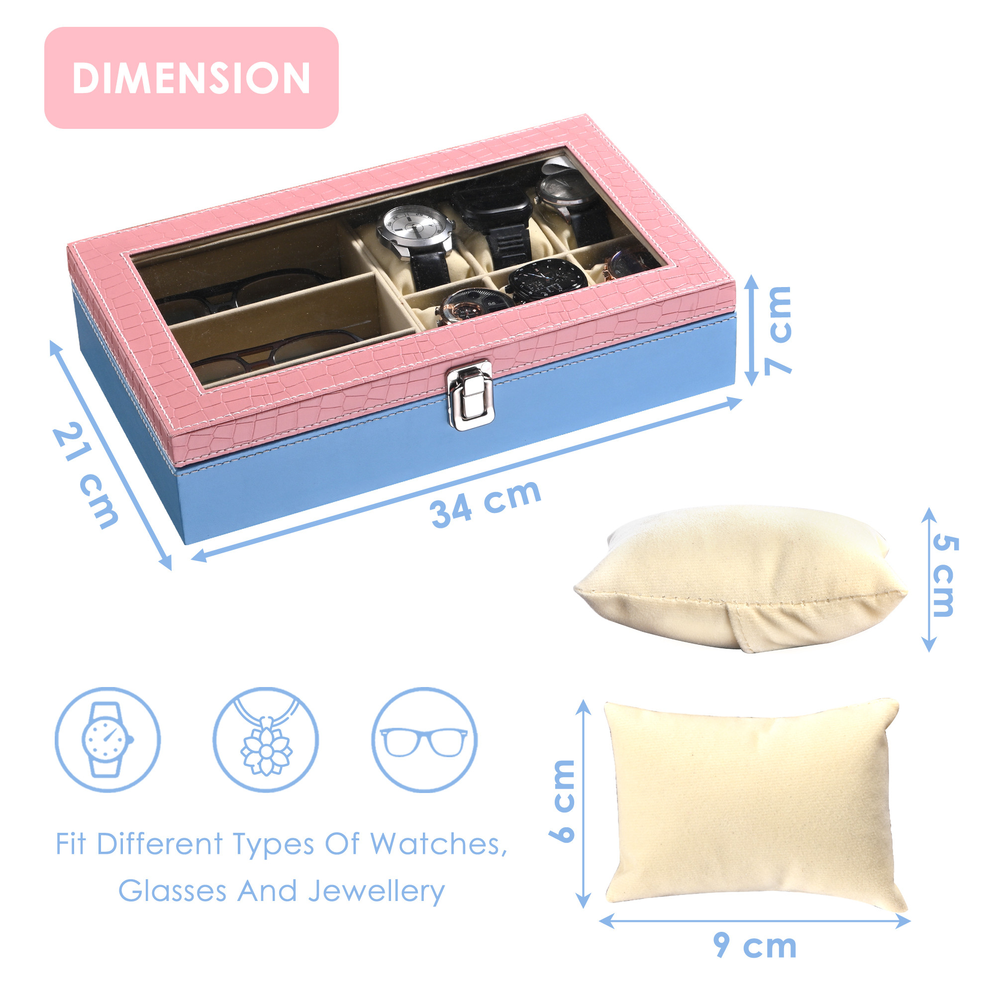 Kuber Industries Faux Lather See Through 63 Slots Wrist Watch Organizer  Sunglasses Case  Watches  3 Specs Box with Removable Pillows  Pink  Blue