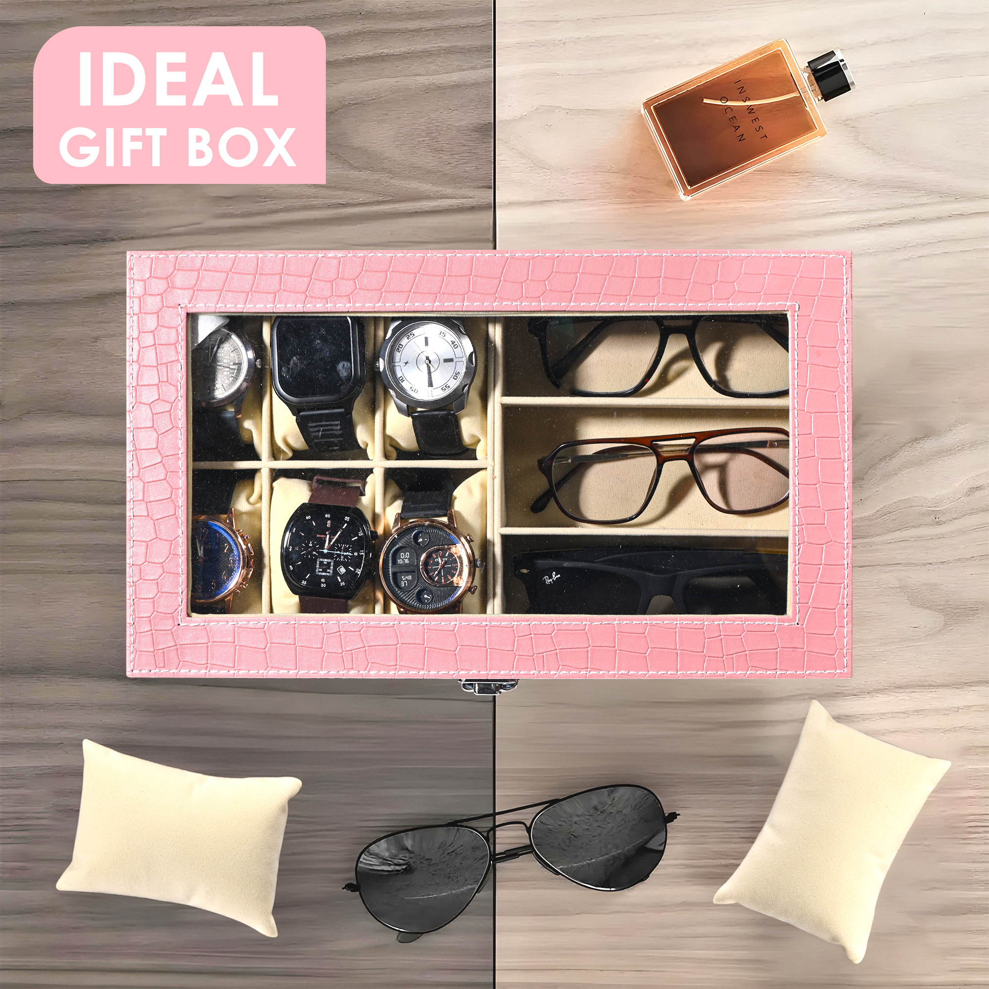 Kuber Industries Faux Lather See Through 63 Slots Wrist Watch Organizer  Sunglasses Case  Watches  3 Specs Box with Removable Pillows  Pink  Blue