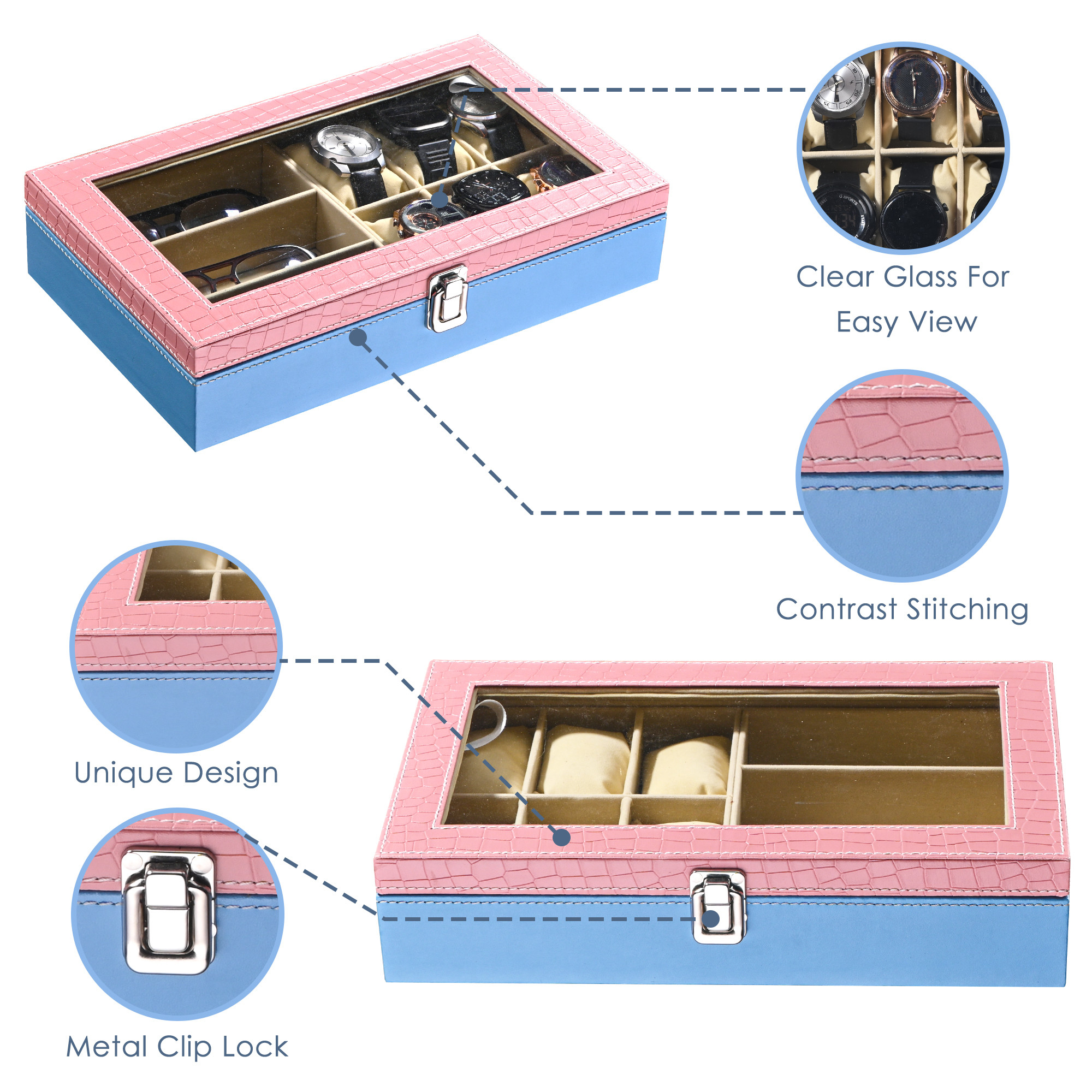 Kuber Industries Faux Lather See Through 63 Slots Wrist Watch Organizer  Sunglasses Case  Watches  3 Specs Box with Removable Pillows  Pink  Blue