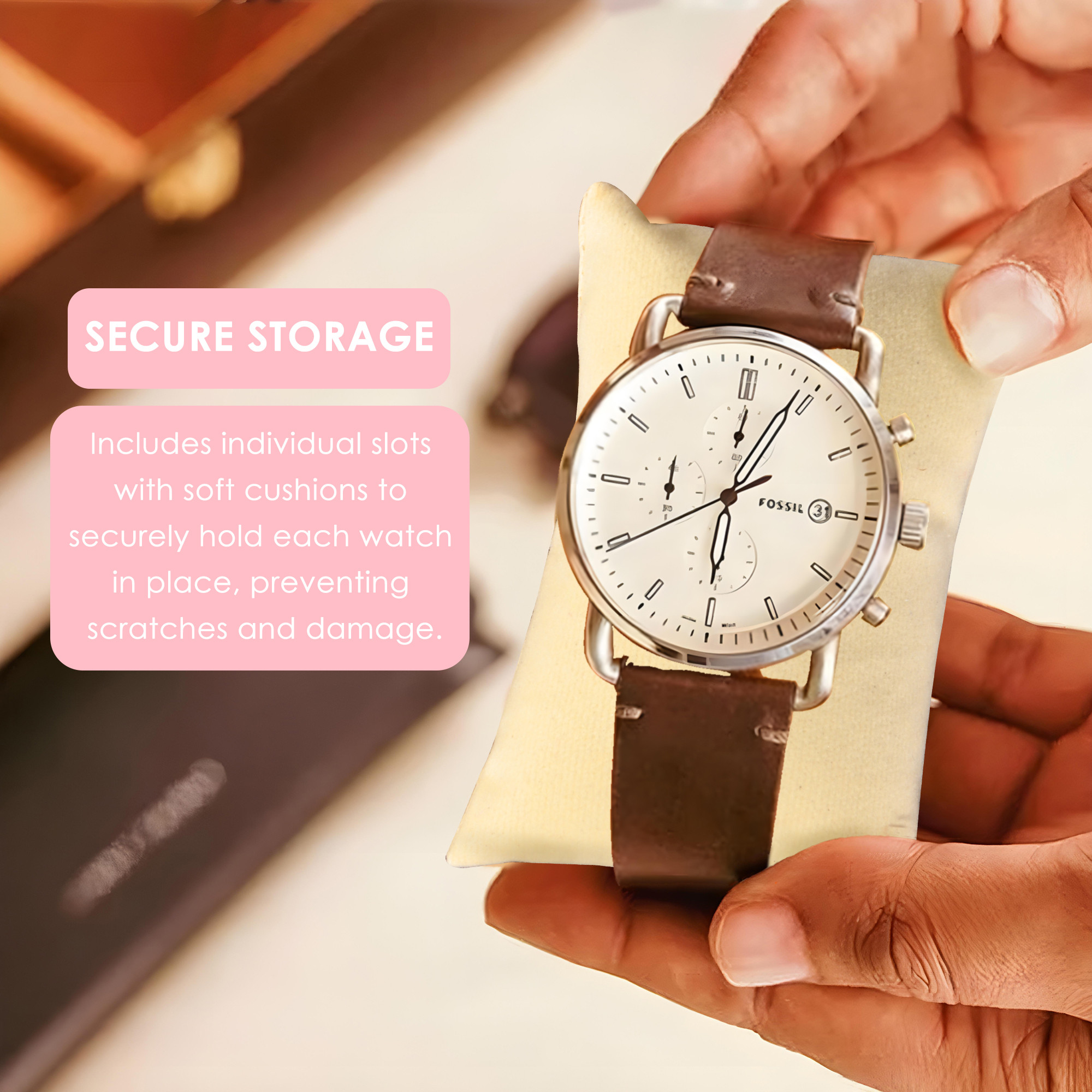 Kuber Industries Faux Lather See Through 63 Slots Wrist Watch Organizer  Sunglasses Case  Watches  3 Specs Box with Removable Pillows  Pink  Blue