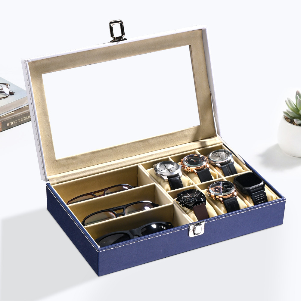 Image of Kuber Industries Faux Lather See Through 6+3 Slots Wrist Watch Organizer &amp; Sunglasses Case | Watches &amp; 3 Specs Box with Removable Pillows | Blue &amp; White