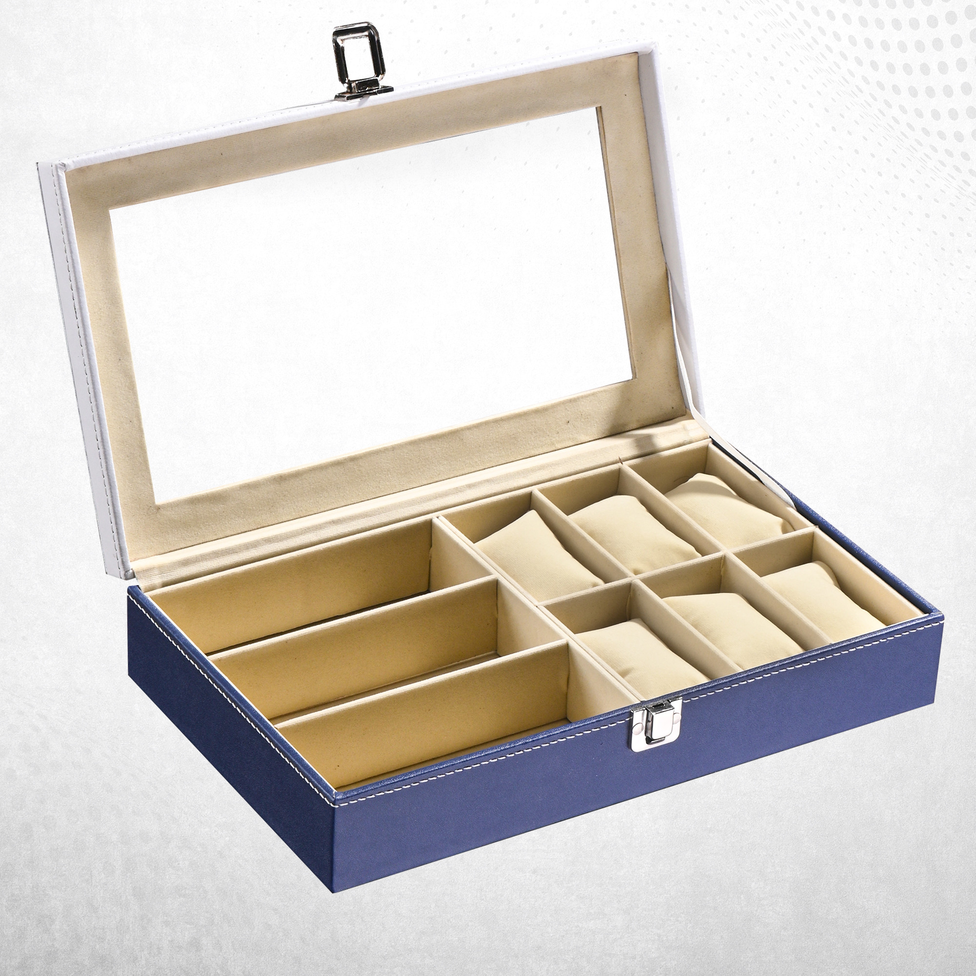 Kuber Industries Faux Lather See Through 63 Slots Wrist Watch Organizer  Sunglasses Case  Watches  3 Specs Box with Removable Pillows  Blue  White