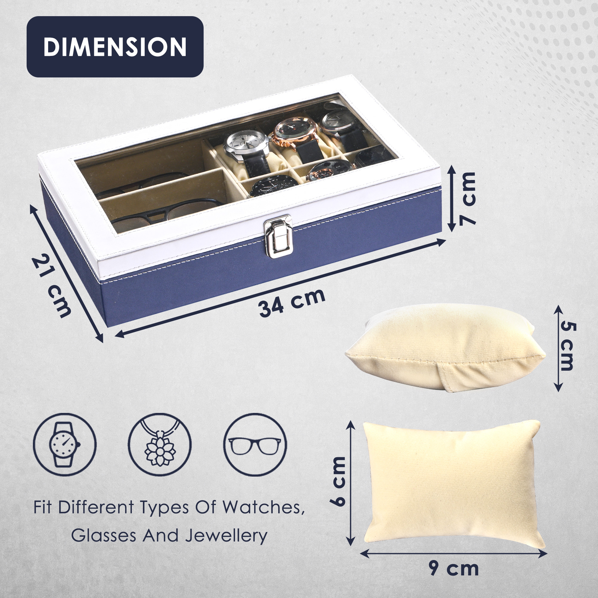 Kuber Industries Faux Lather See Through 63 Slots Wrist Watch Organizer  Sunglasses Case  Watches  3 Specs Box with Removable Pillows  Blue  White