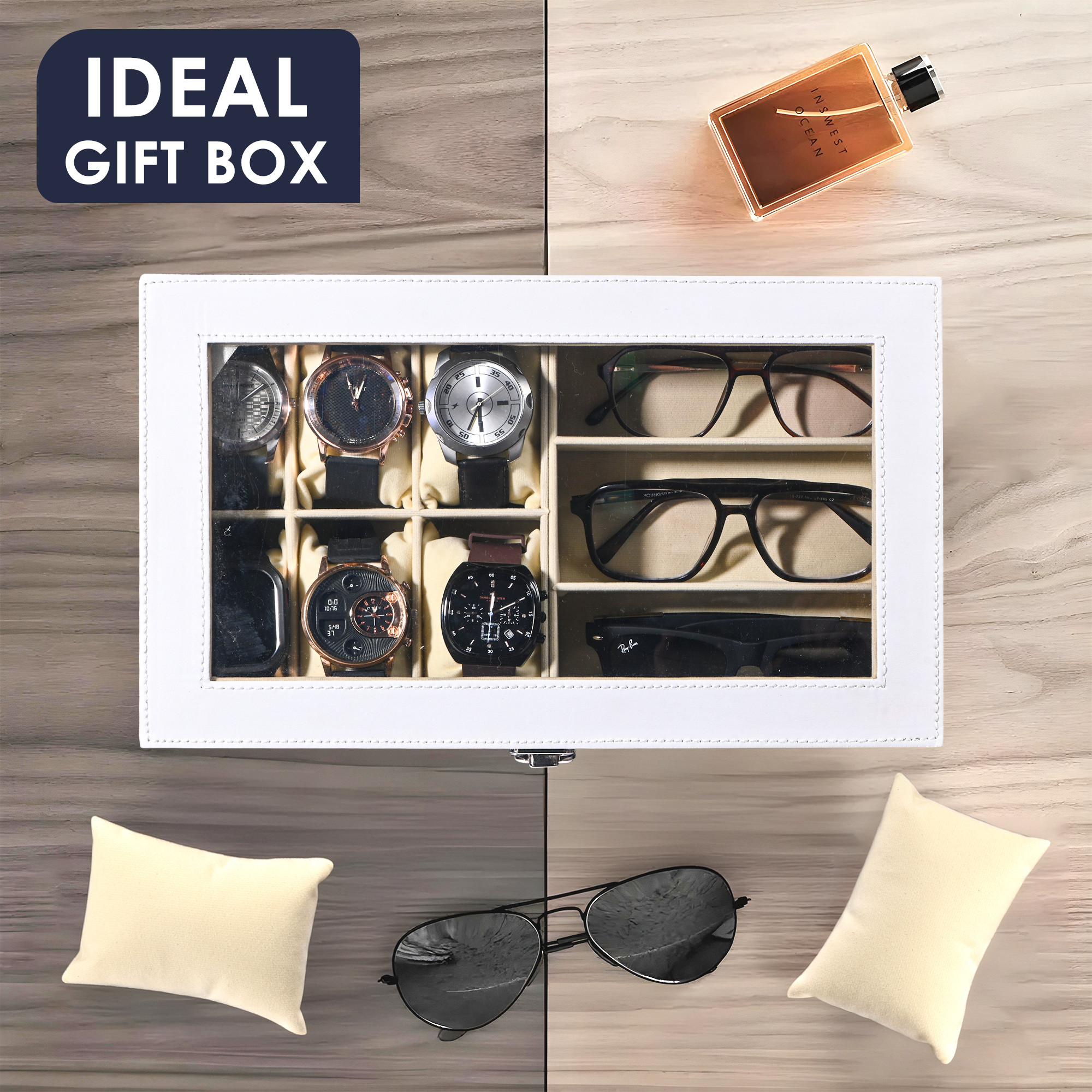 Kuber Industries Faux Lather See Through 63 Slots Wrist Watch Organizer  Sunglasses Case  Watches  3 Specs Box with Removable Pillows  Blue  White