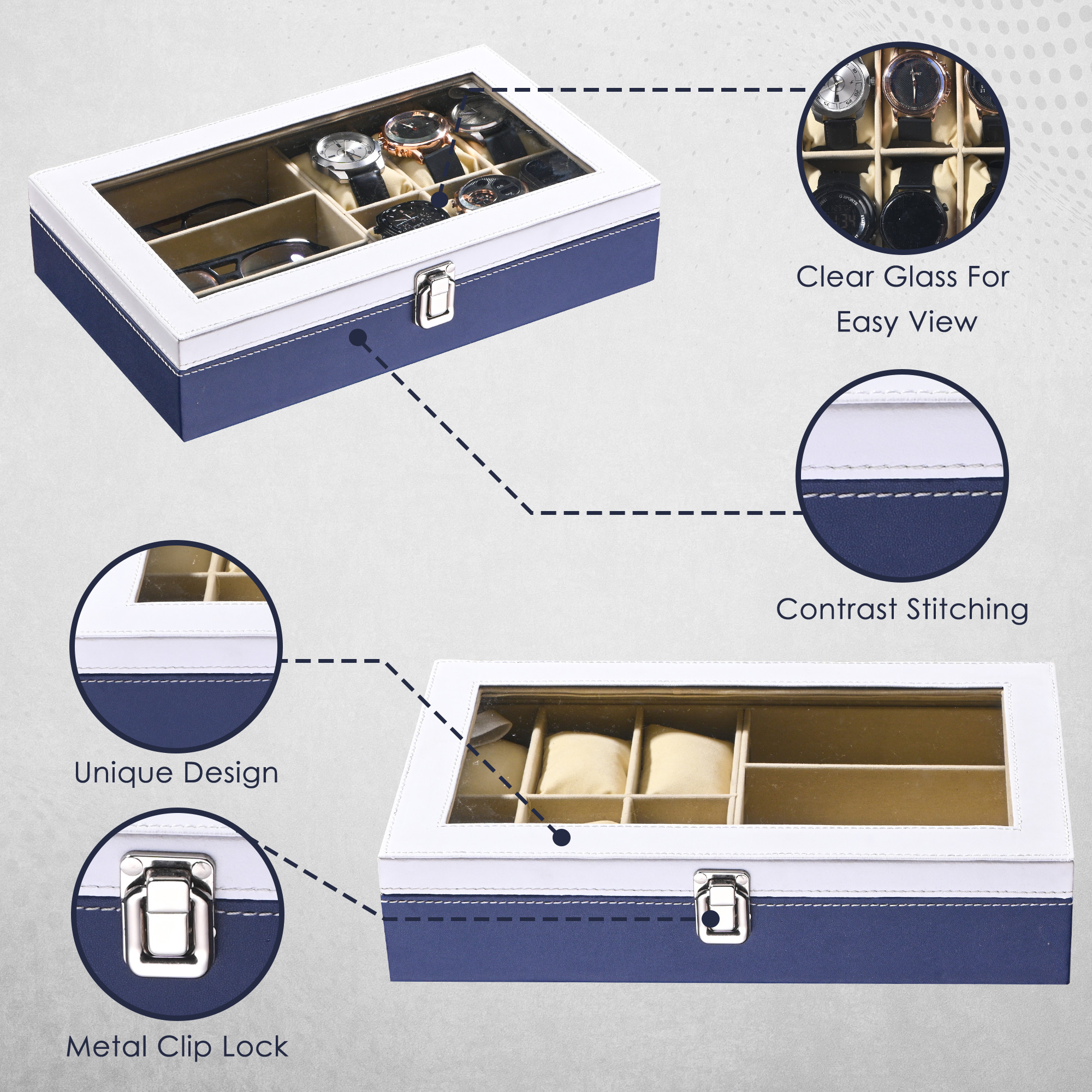 Kuber Industries Faux Lather See Through 63 Slots Wrist Watch Organizer  Sunglasses Case  Watches  3 Specs Box with Removable Pillows  Blue  White