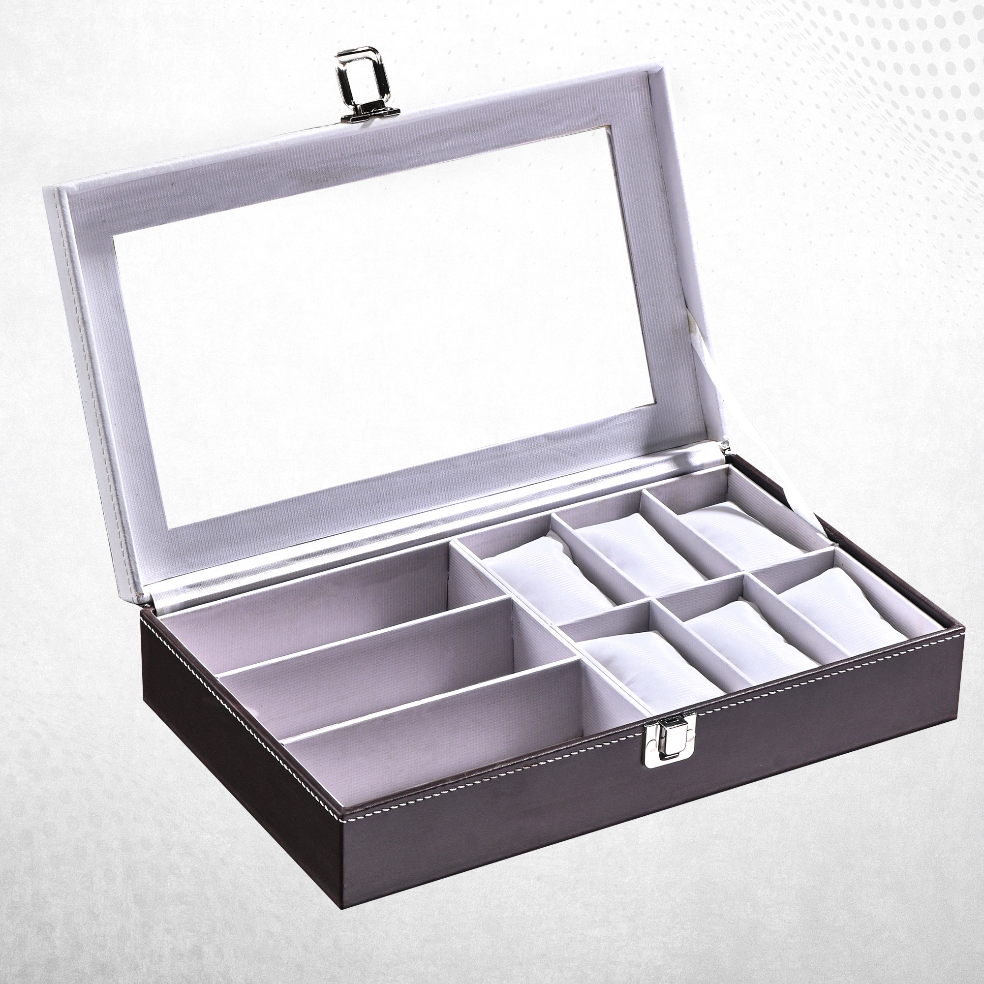 Kuber Industries Faux Lather See Through 63 Slots Wrist Watch Organizer  Sunglasses Case  Watches  3 Specs Box with Removable Pillows  Brown  White