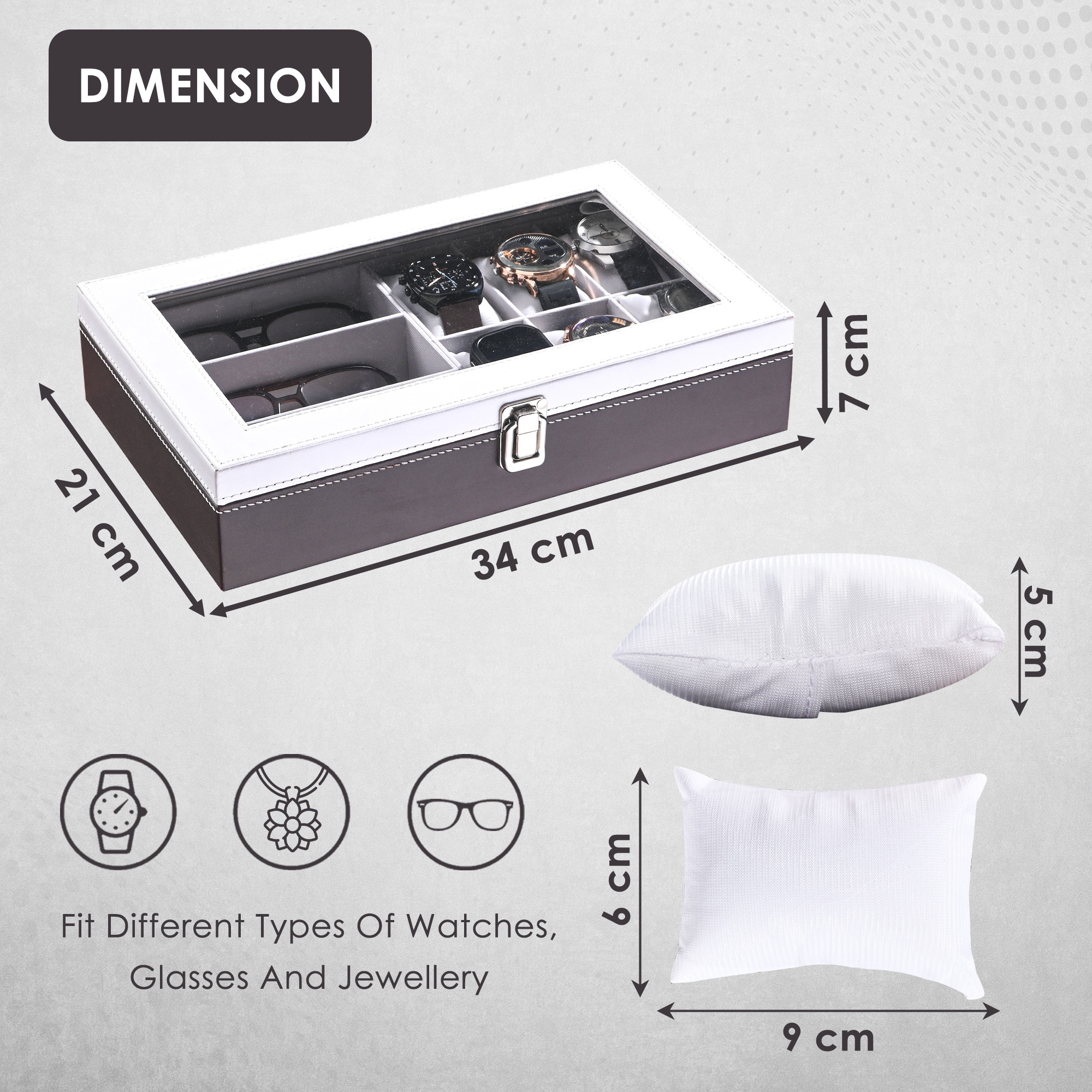 Kuber Industries Faux Lather See Through 63 Slots Wrist Watch Organizer  Sunglasses Case  Watches  3 Specs Box with Removable Pillows  Brown  White