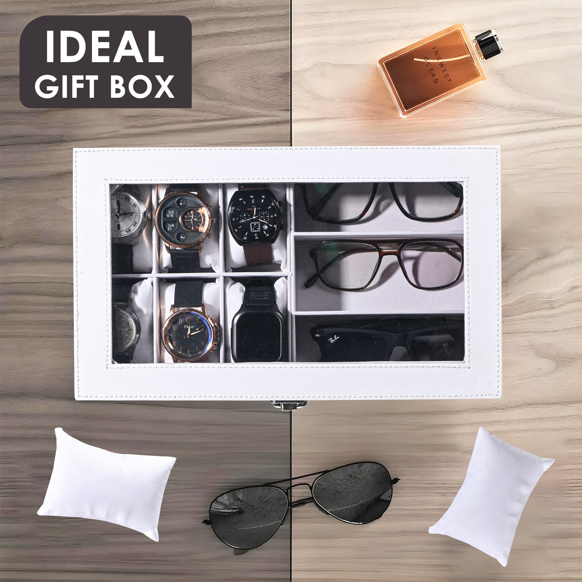 Kuber Industries Faux Lather See Through 63 Slots Wrist Watch Organizer  Sunglasses Case  Watches  3 Specs Box with Removable Pillows  Brown  White