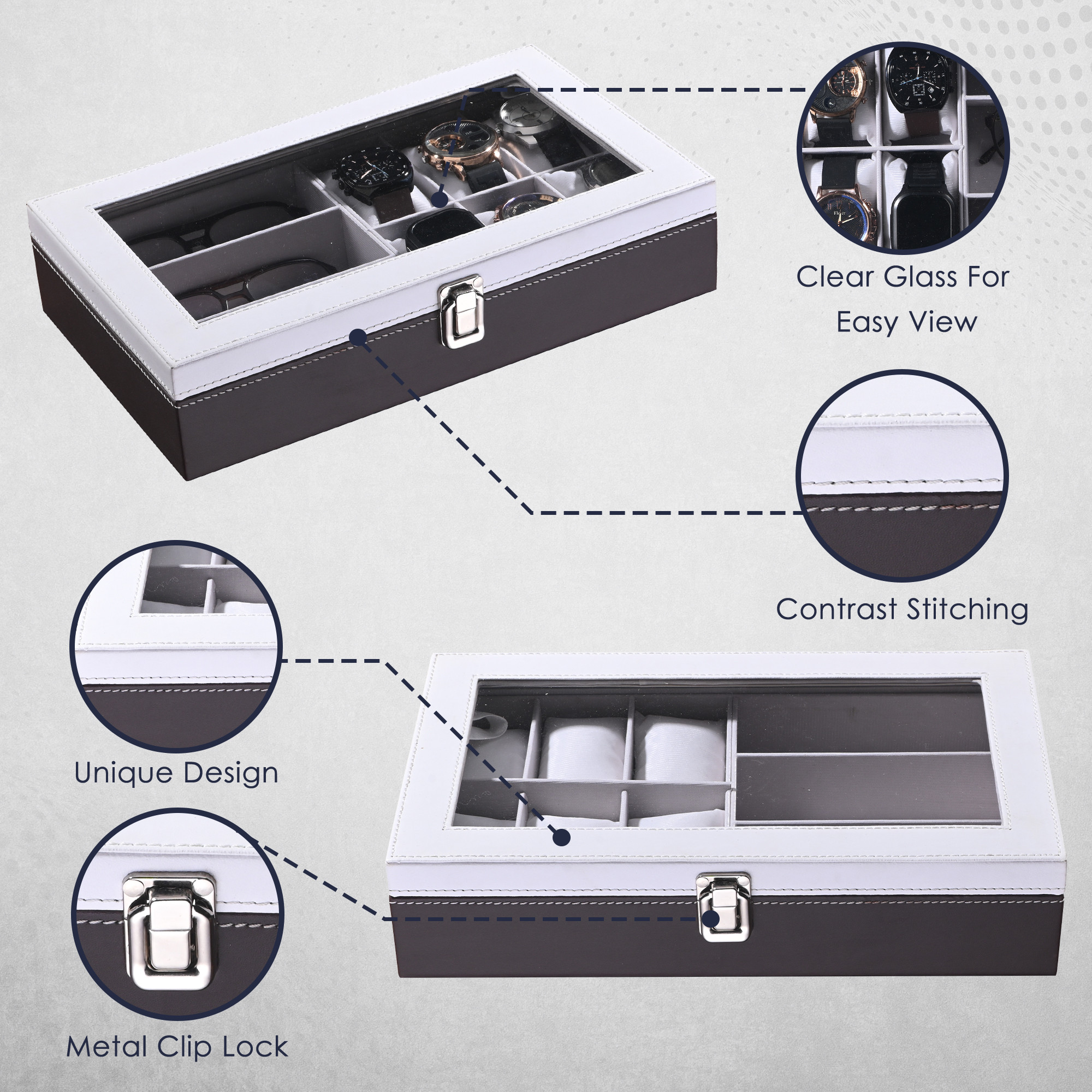 Kuber Industries Faux Lather See Through 63 Slots Wrist Watch Organizer  Sunglasses Case  Watches  3 Specs Box with Removable Pillows  Brown  White