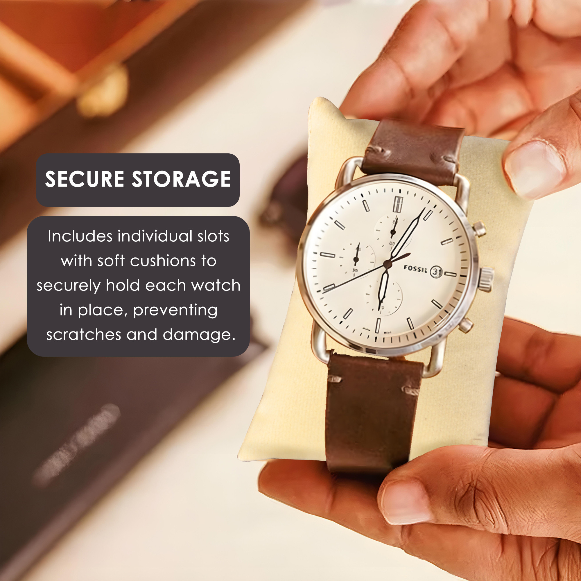 Kuber Industries Faux Lather See Through 63 Slots Wrist Watch Organizer  Sunglasses Case  Watches  3 Specs Box with Removable Pillows  Brown  White