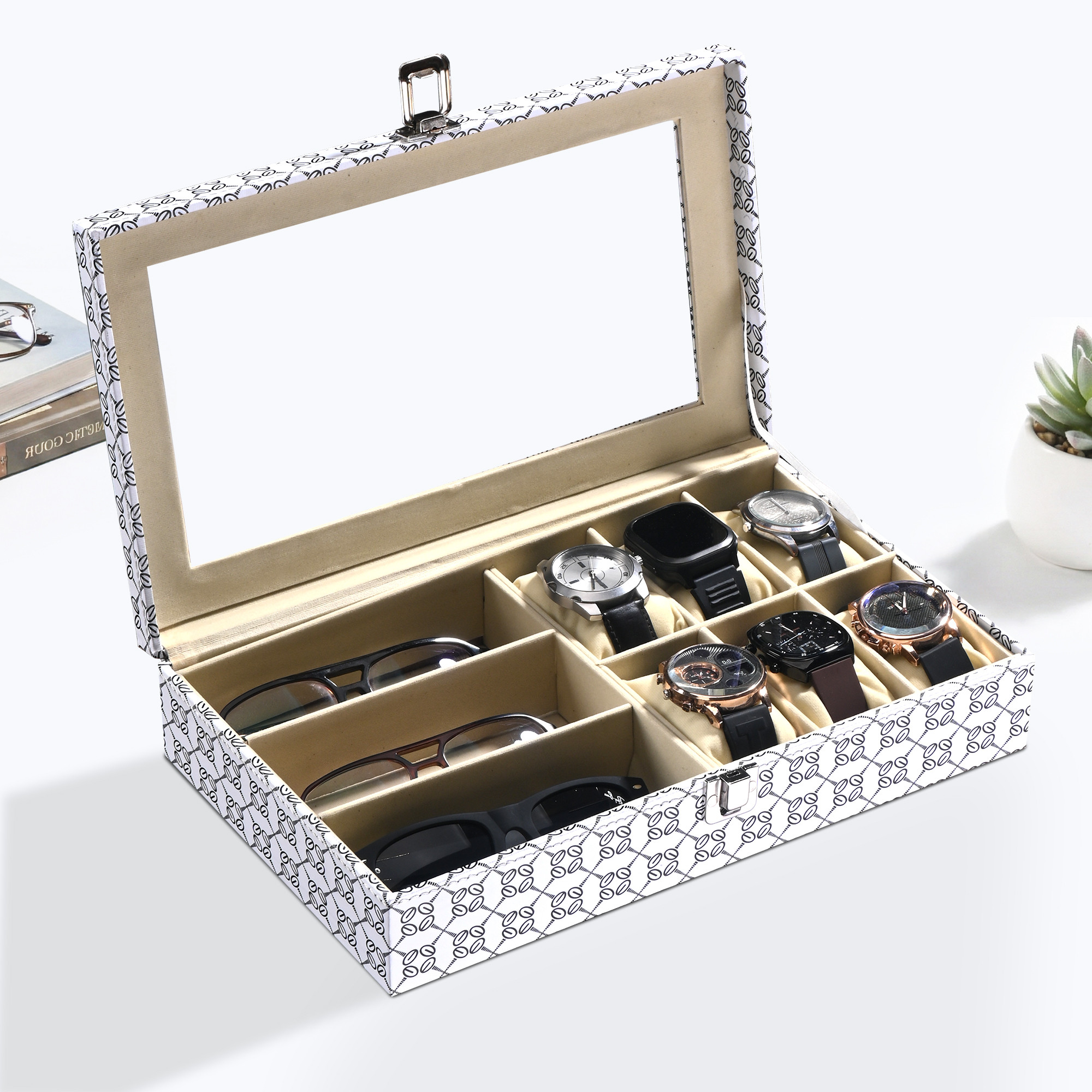 Kuber Industries Faux Lather See Through 63 Slots Wrist Watch Organizer  Sunglasses Case  Watches  3 Specs Box with Removable Pillows  Printed - White