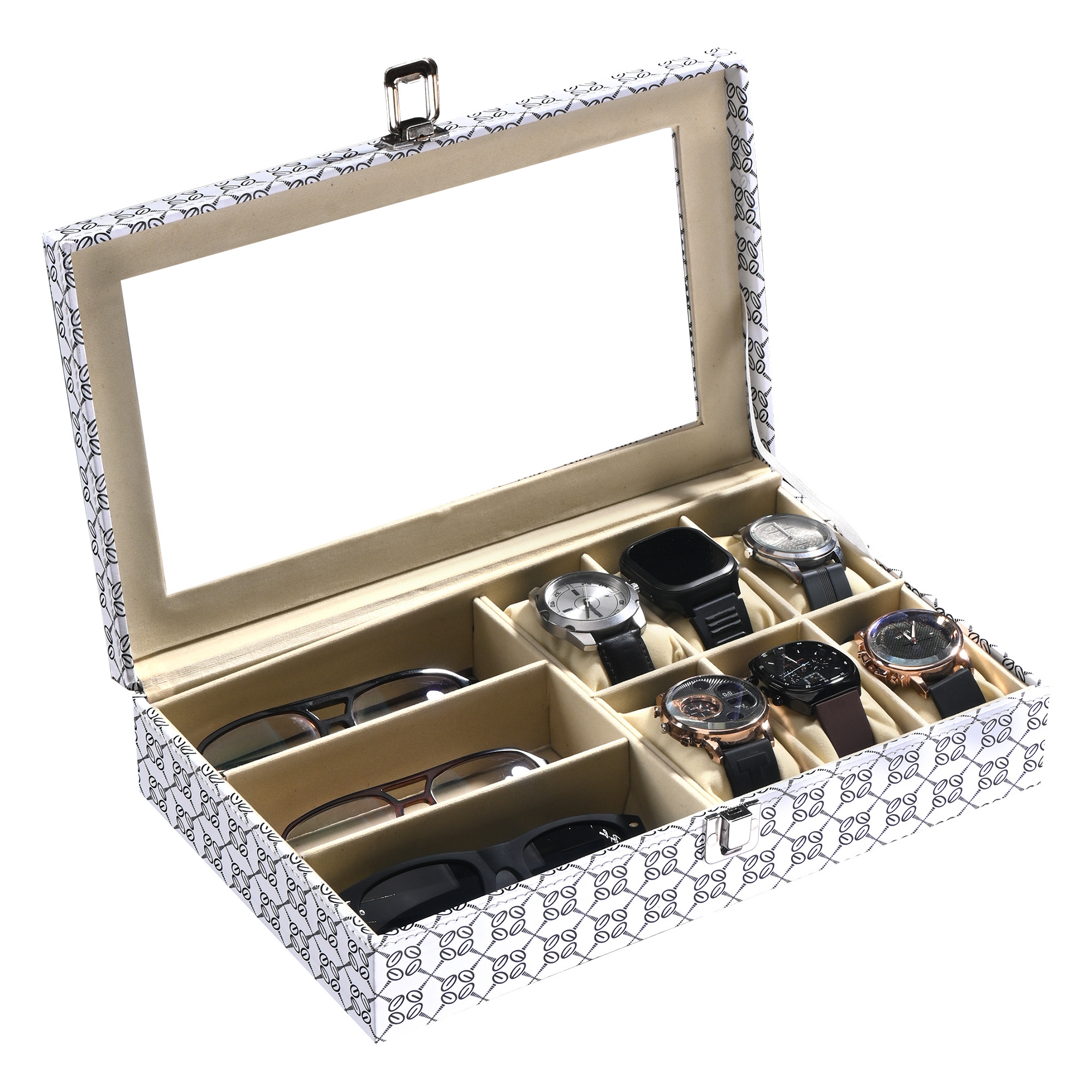 Kuber Industries Faux Lather See Through 63 Slots Wrist Watch Organizer  Sunglasses Case  Watches  3 Specs Box with Removable Pillows  Printed - White