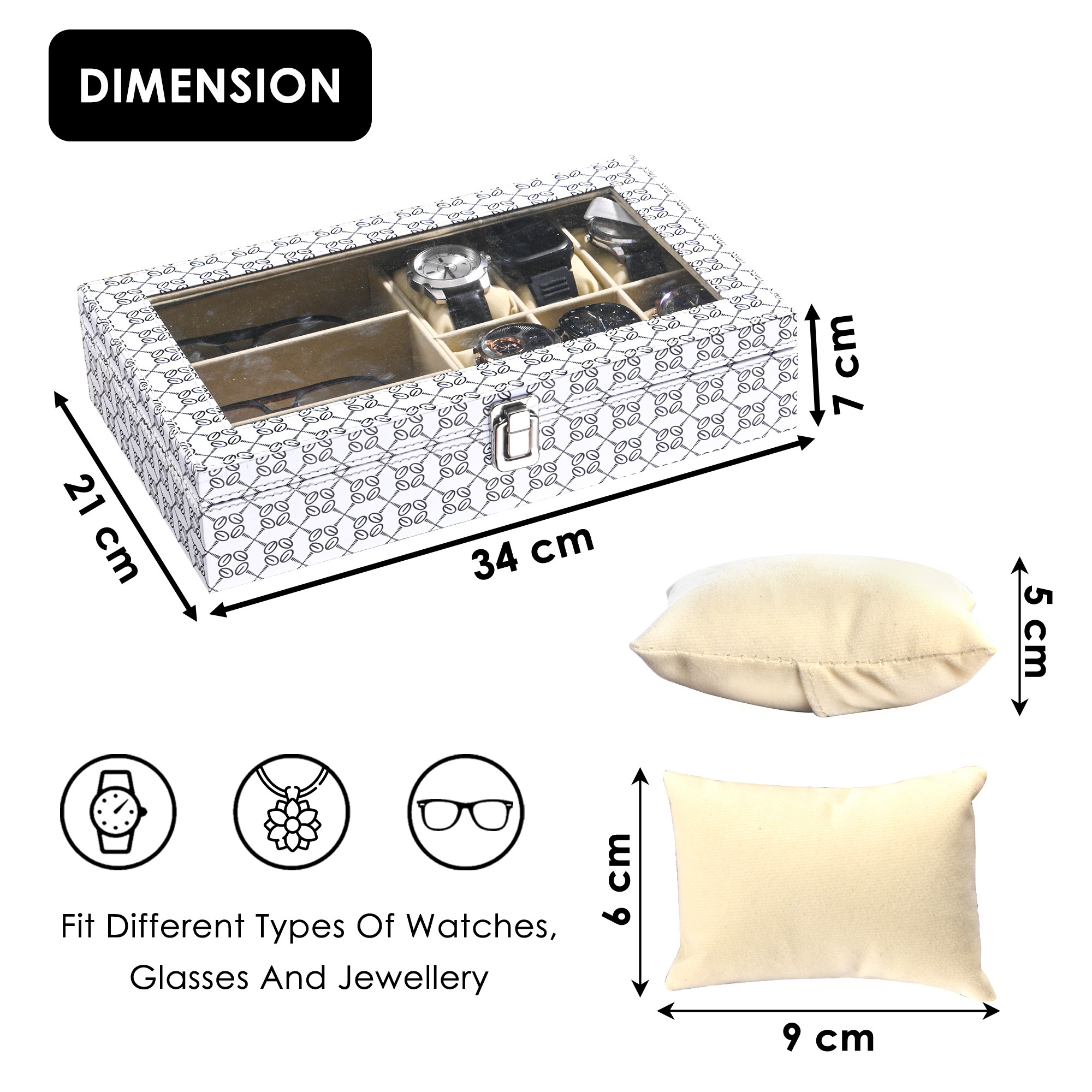 Kuber Industries Faux Lather See Through 63 Slots Wrist Watch Organizer  Sunglasses Case  Watches  3 Specs Box with Removable Pillows  Printed - White