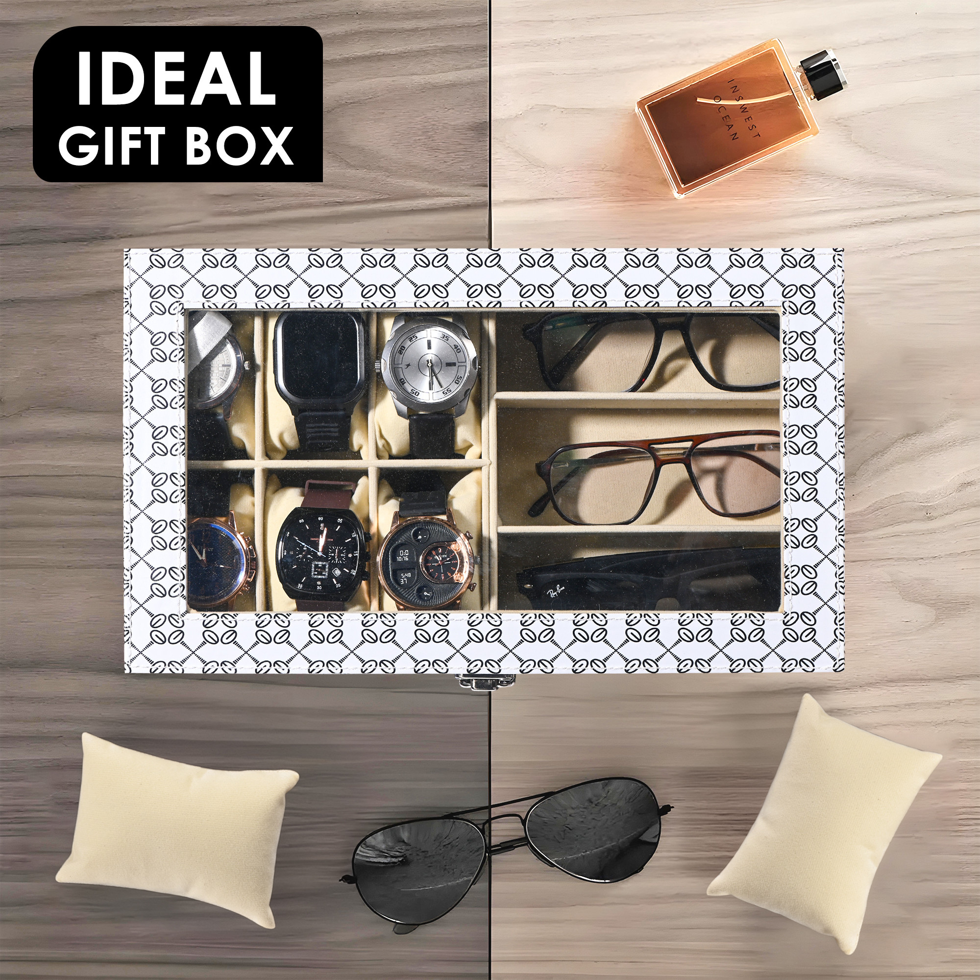 Kuber Industries Faux Lather See Through 63 Slots Wrist Watch Organizer  Sunglasses Case  Watches  3 Specs Box with Removable Pillows  Printed - White