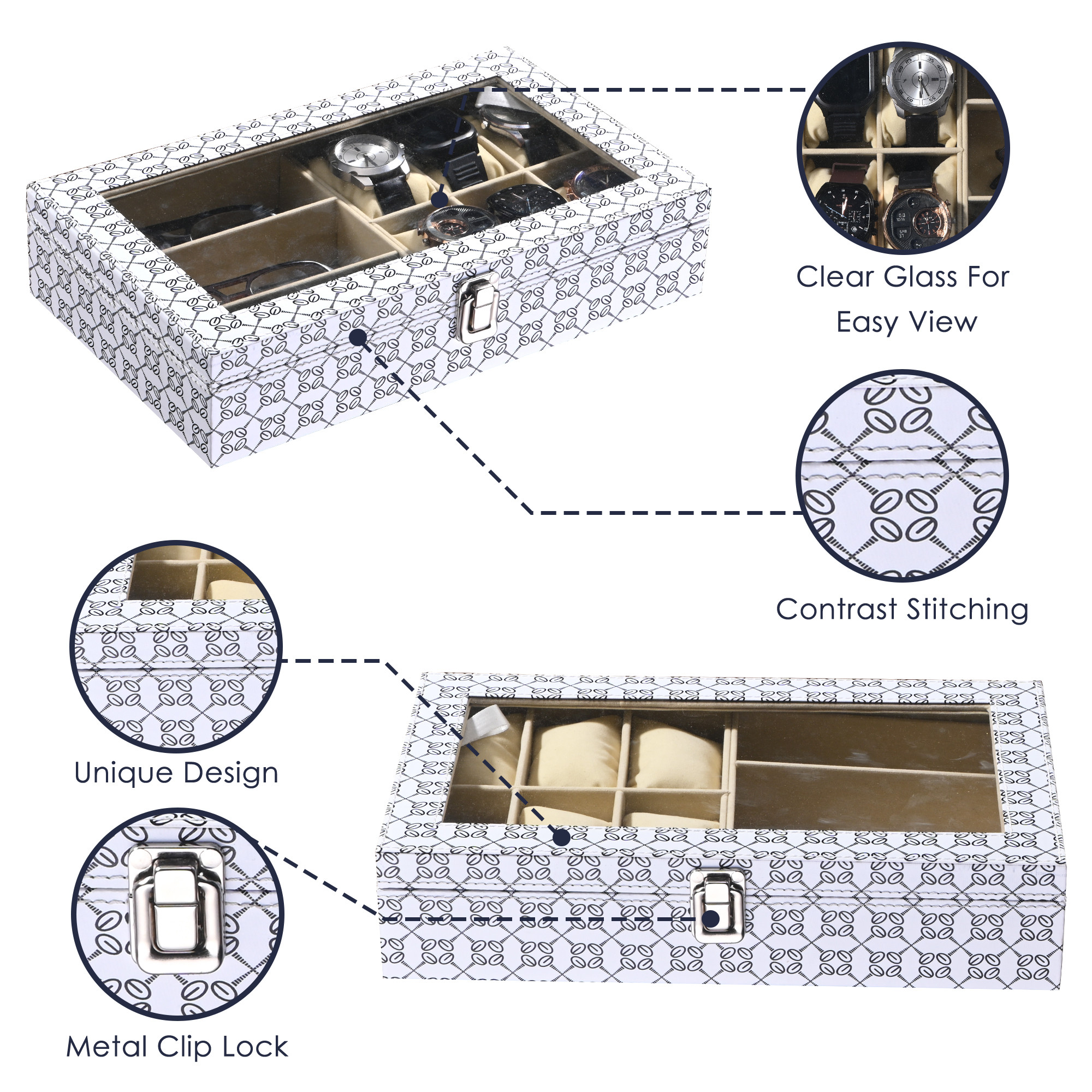 Kuber Industries Faux Lather See Through 63 Slots Wrist Watch Organizer  Sunglasses Case  Watches  3 Specs Box with Removable Pillows  Printed - White