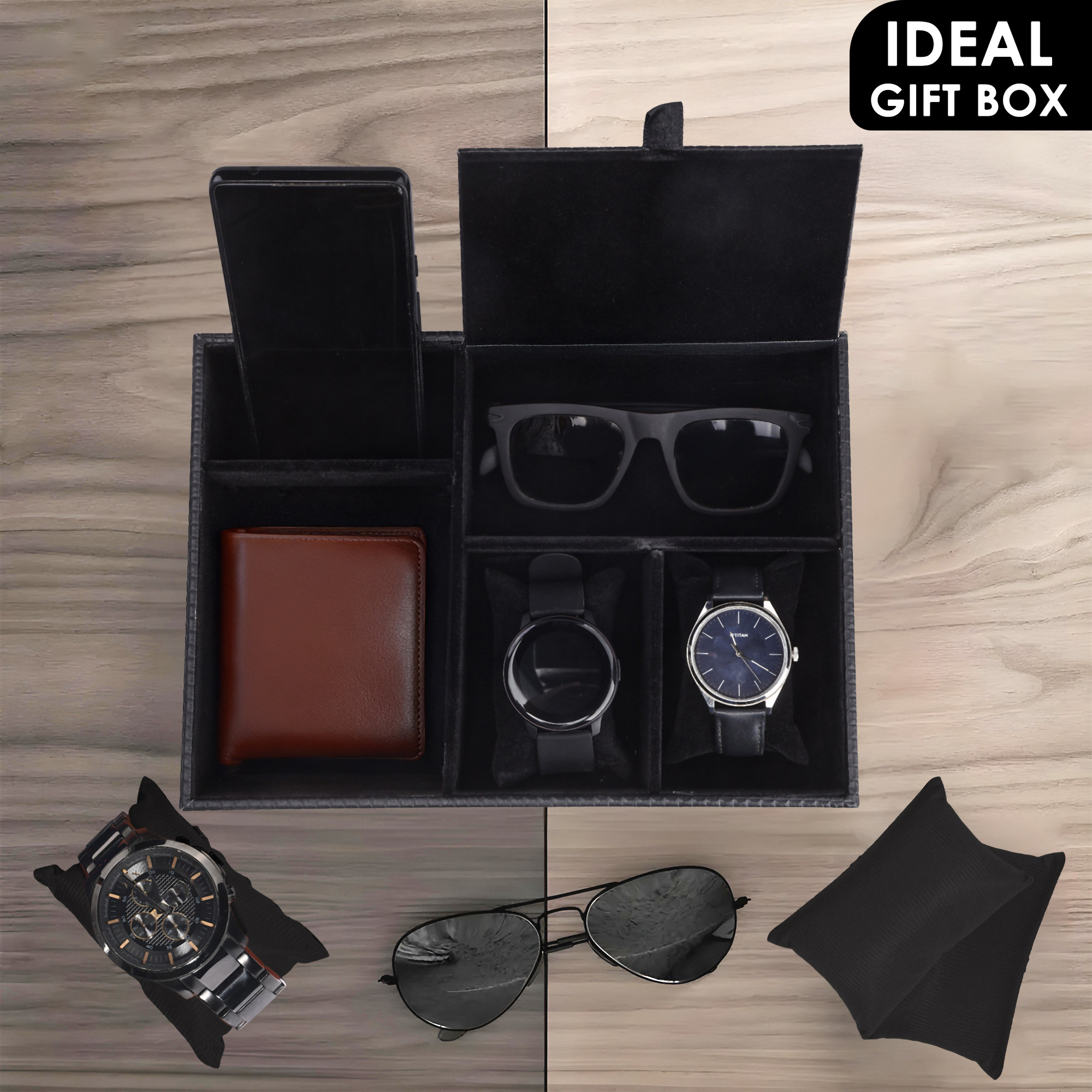 Kuber Industries Faux Leather Jewellery Organisers Box  Watch and Sunglasses Organizer  Desk Organiser Tray  Wallet and Watch Holder Box  Check - Black