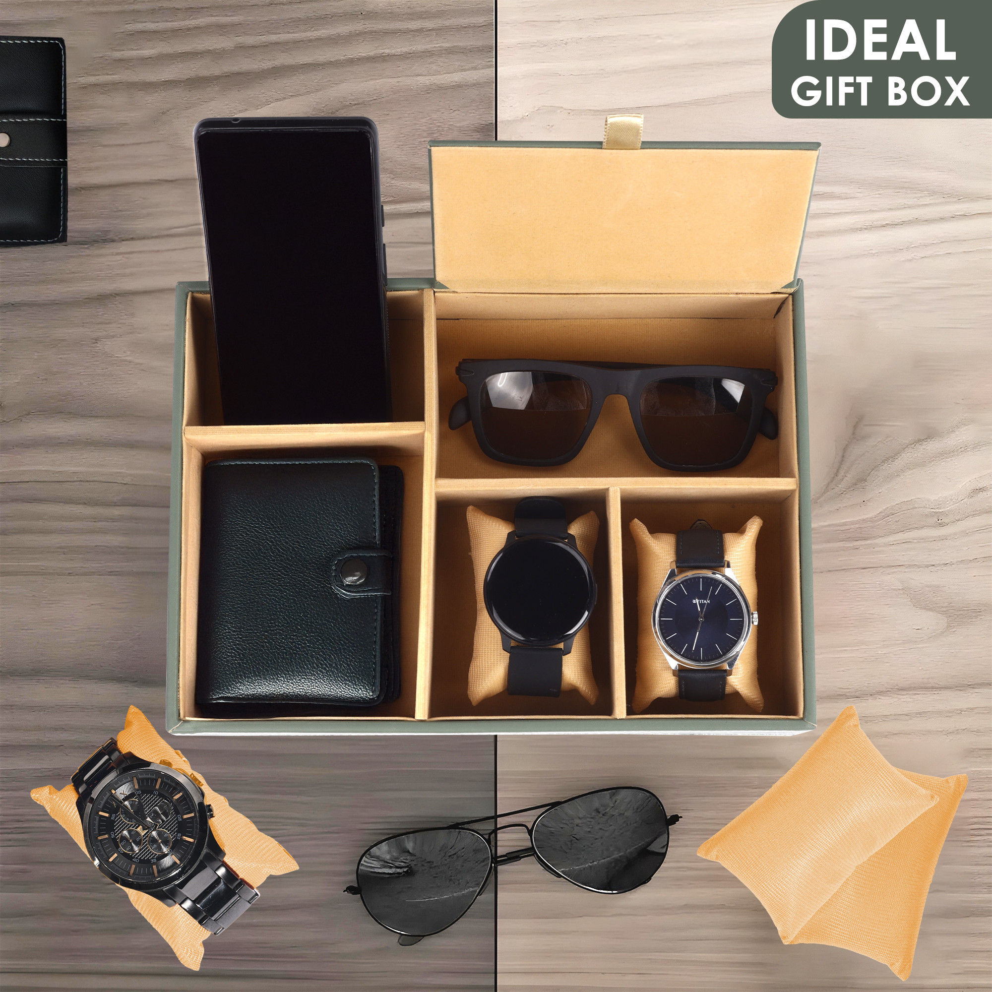 Kuber Industries Faux Leather Jewellery Organisers Box  Watch and Sunglasses Organizer  Desk Organiser Tray  Wallet and Watch Holder Box  Golden  Green