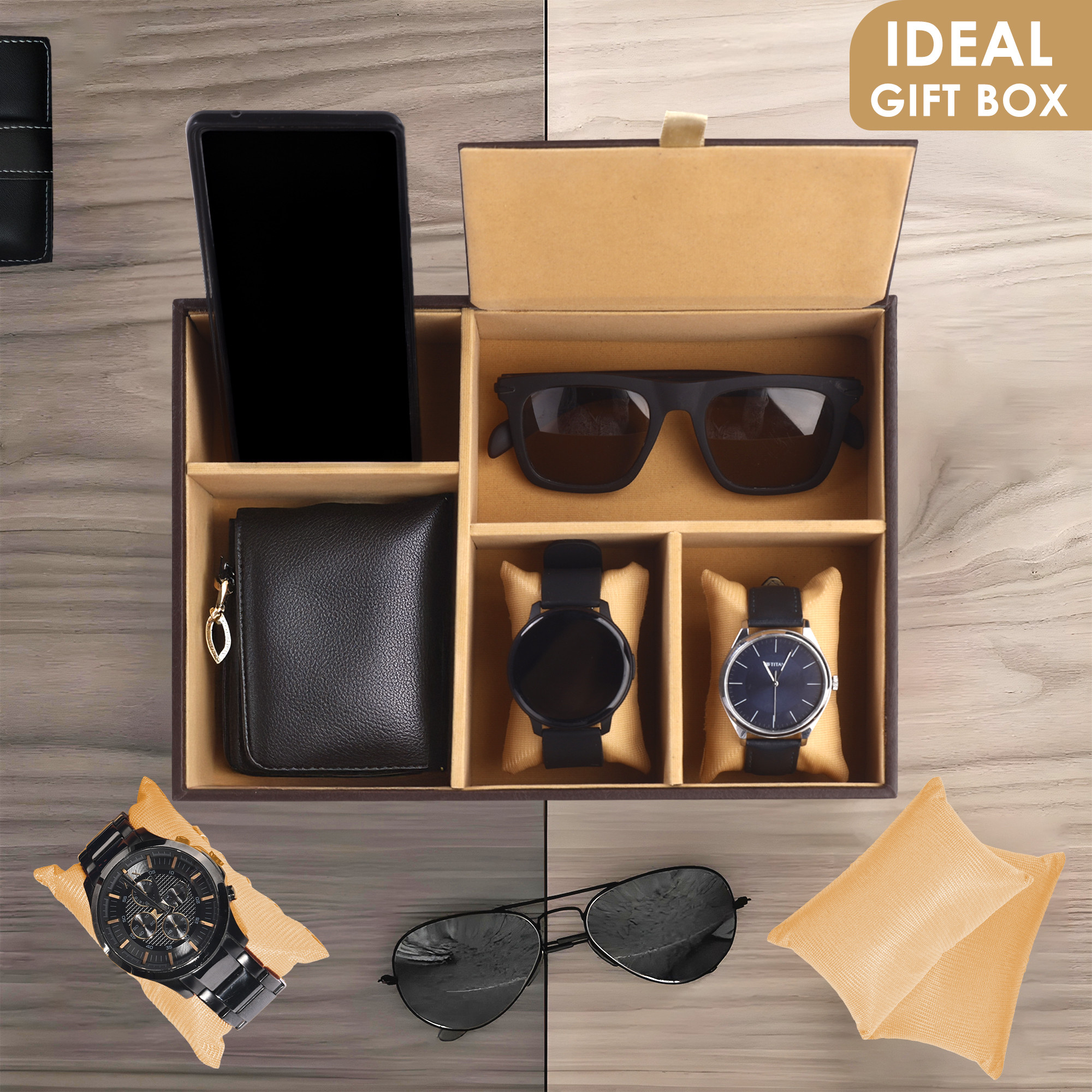 Kuber Industries Faux Leather Jewellery Organisers Box  Watch and Sunglasses Organizer  Desk Organiser Tray  Wallet and Watch Holder Box  Golden  Brown