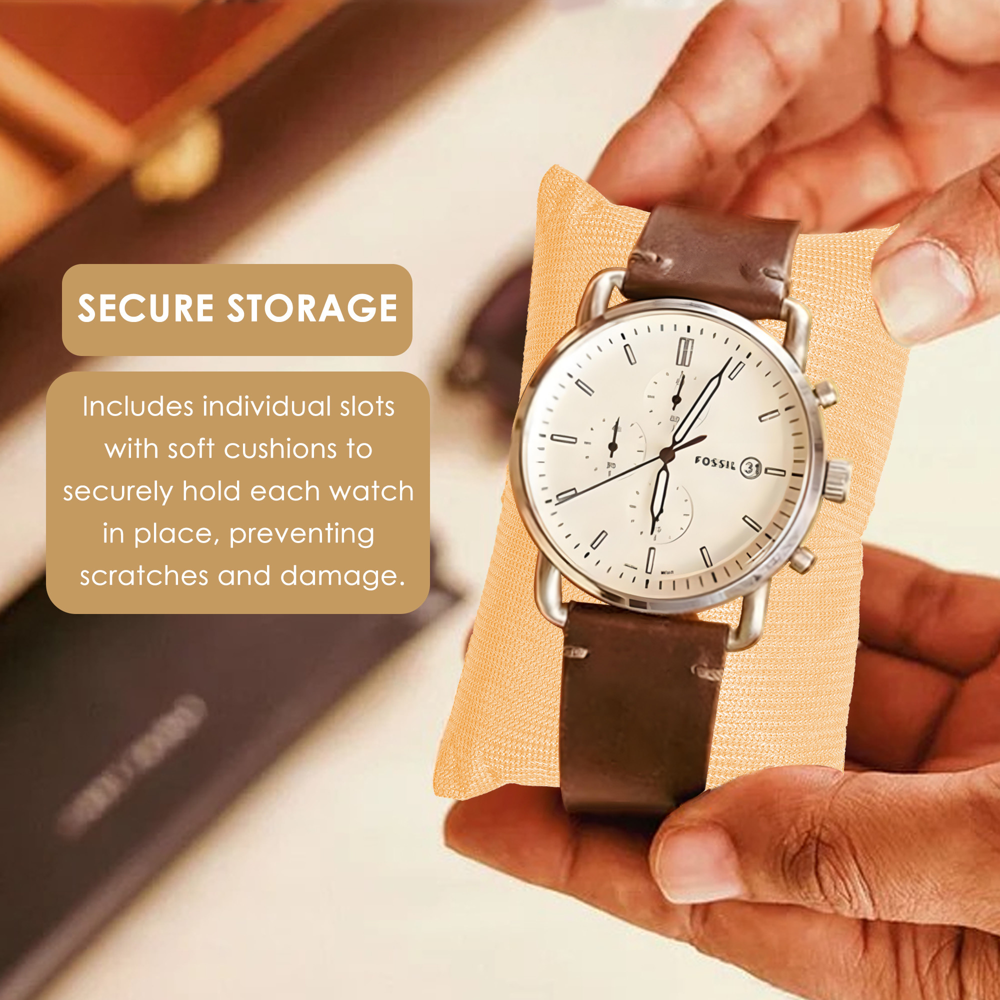 Kuber Industries Faux Leather Jewellery Organisers Box  Watch and Sunglasses Organizer  Desk Organiser Tray  Wallet and Watch Holder Box  Golden  Brown