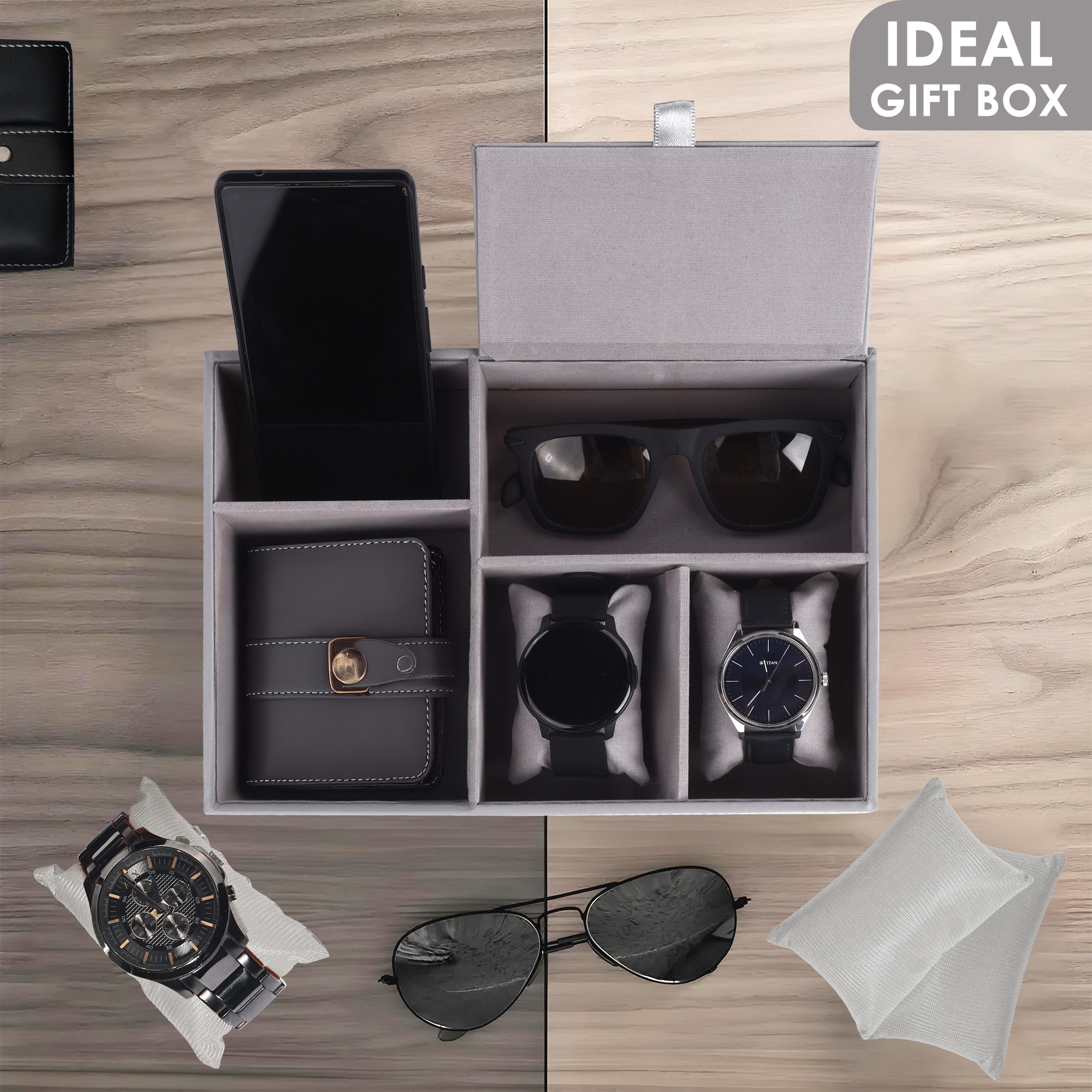 Kuber Industries Faux Leather Jewellery Organisers Box  Watch and Sunglasses Organizer  Desk Organiser Tray  Wallet and Watch Holder Box  Grey