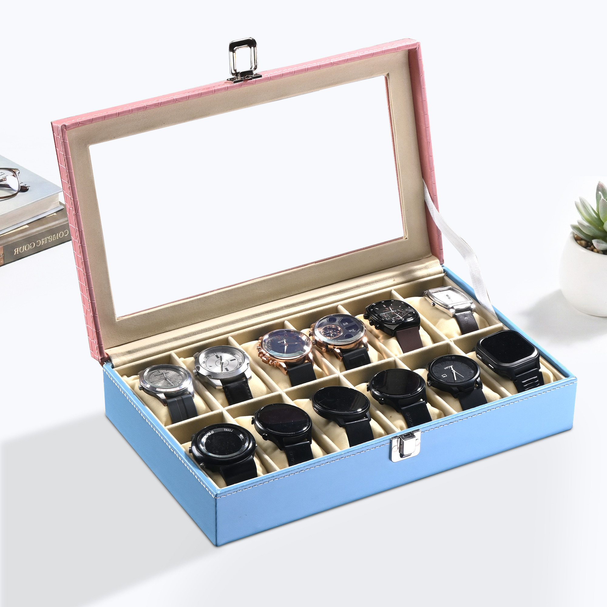 Kuber Industries Faux Leather See Through 12 Slots Wrist Watch Organiser Box for Men  Women  Watches Collection Case with Removable Pillows  Pink  Blue