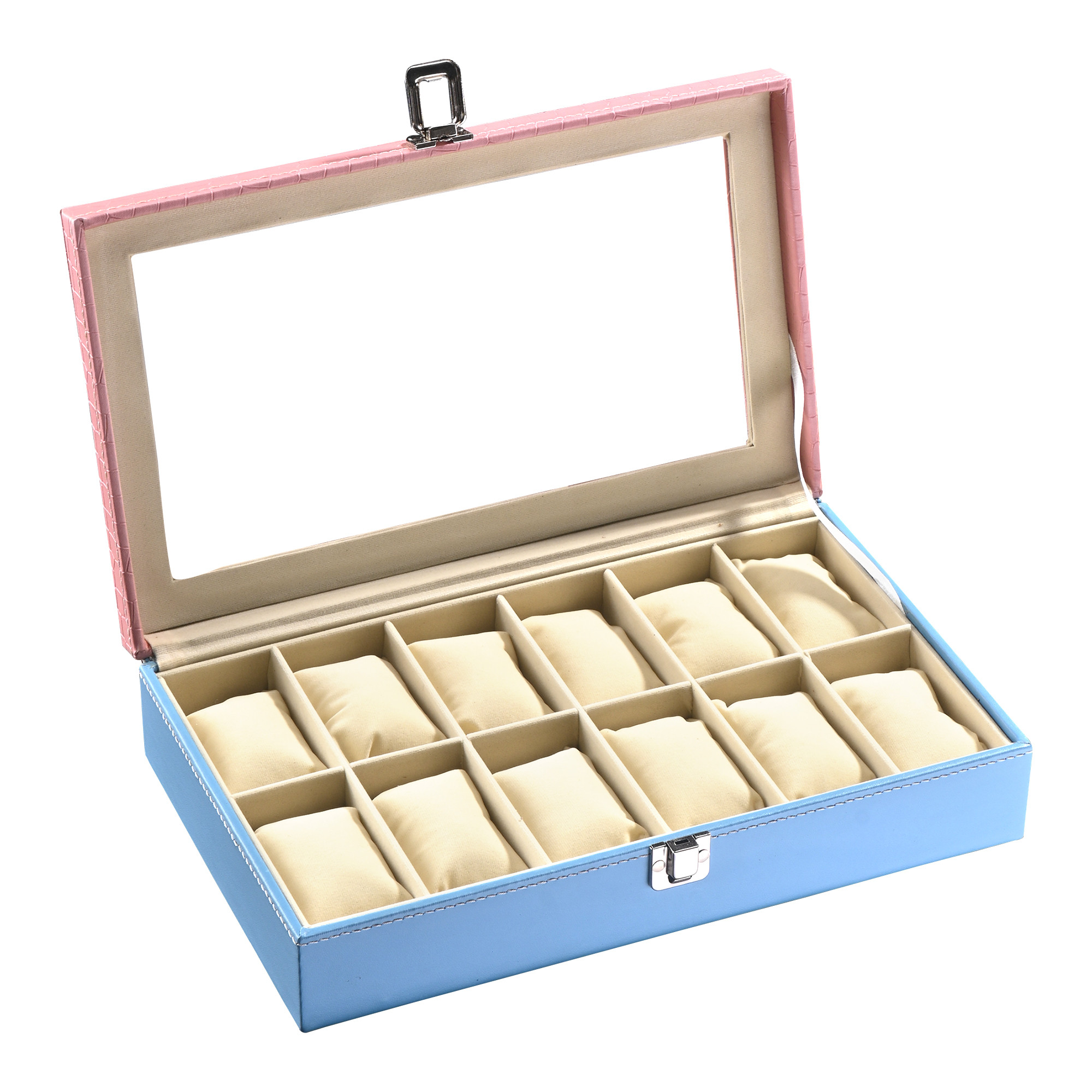 Kuber Industries Faux Leather See Through 12 Slots Wrist Watch Organiser Box for Men  Women  Watches Collection Case with Removable Pillows  Pink  Blue