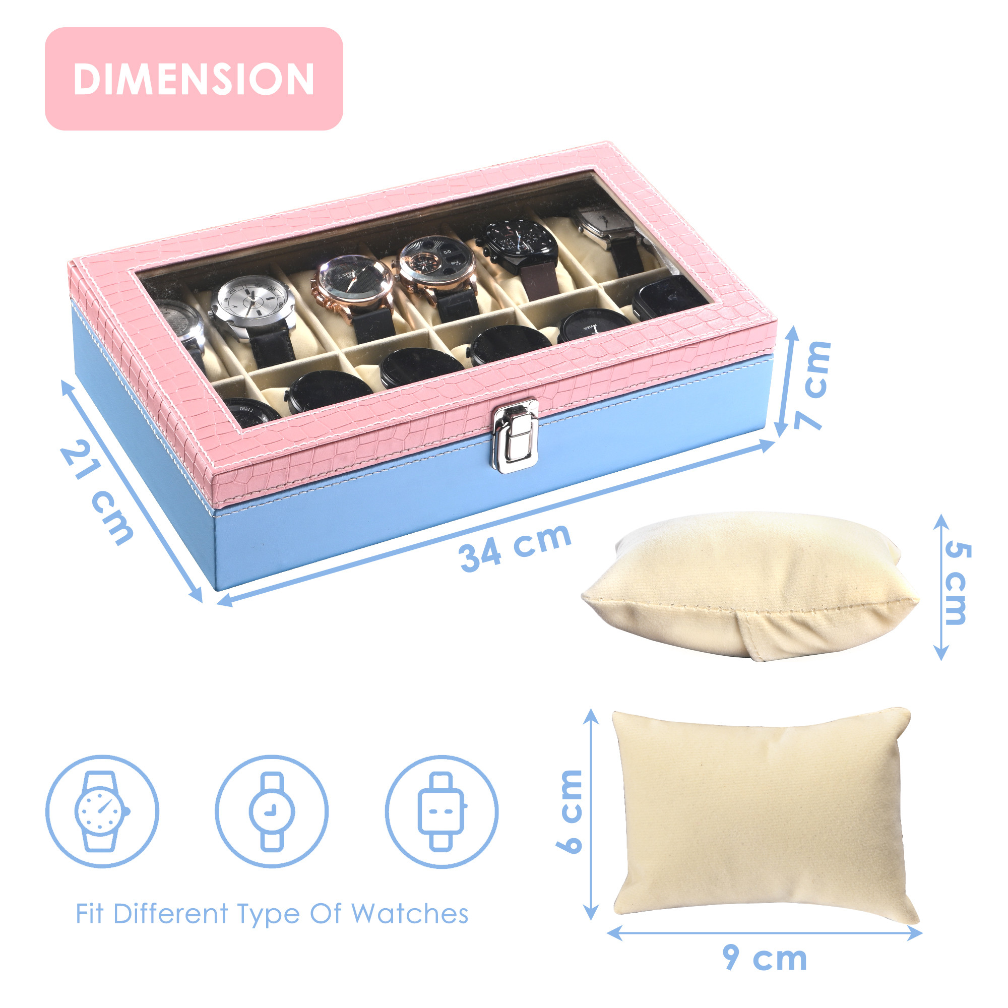 Kuber Industries Faux Leather See Through 12 Slots Wrist Watch Organiser Box for Men  Women  Watches Collection Case with Removable Pillows  Pink  Blue