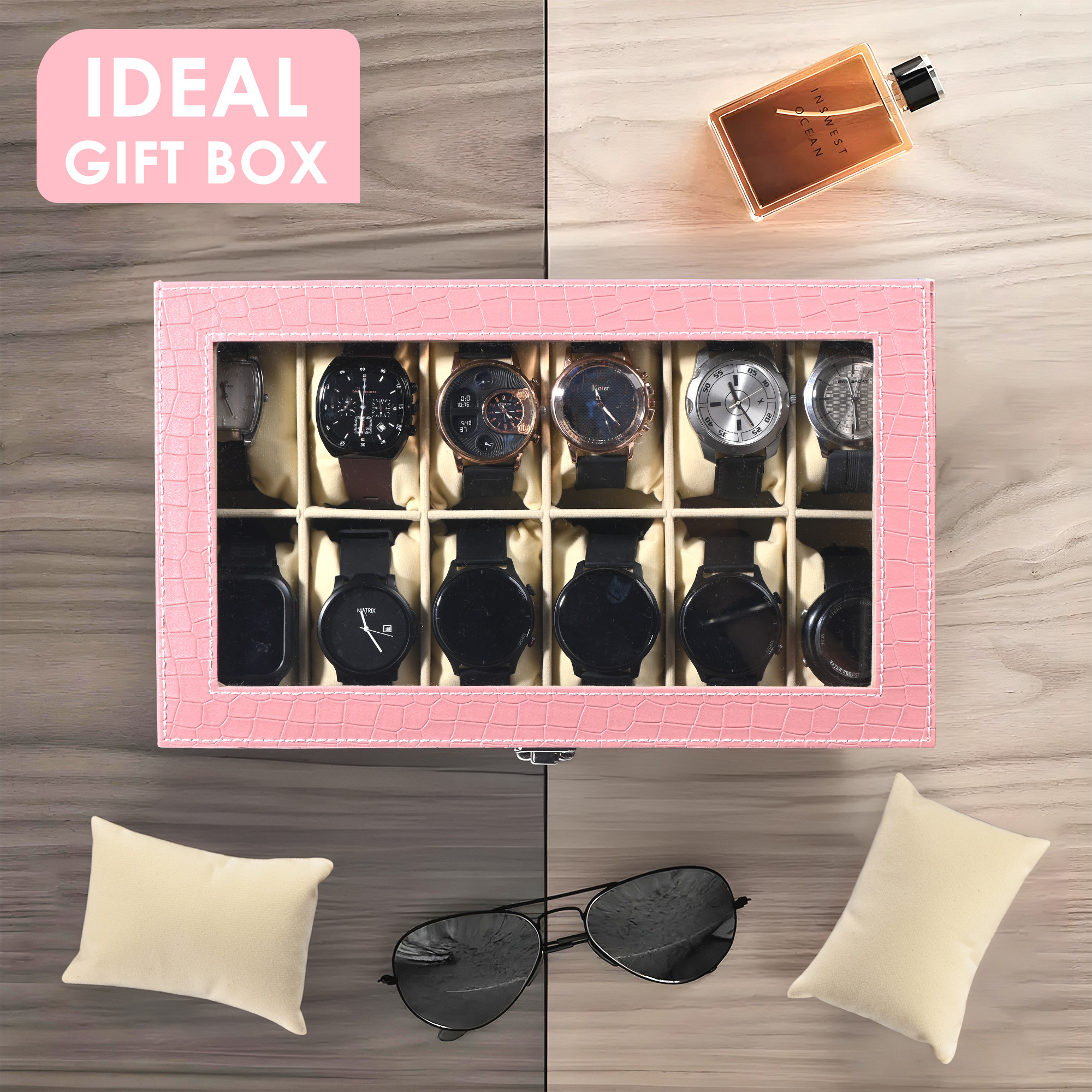 Kuber Industries Faux Leather See Through 12 Slots Wrist Watch Organiser Box for Men  Women  Watches Collection Case with Removable Pillows  Pink  Blue