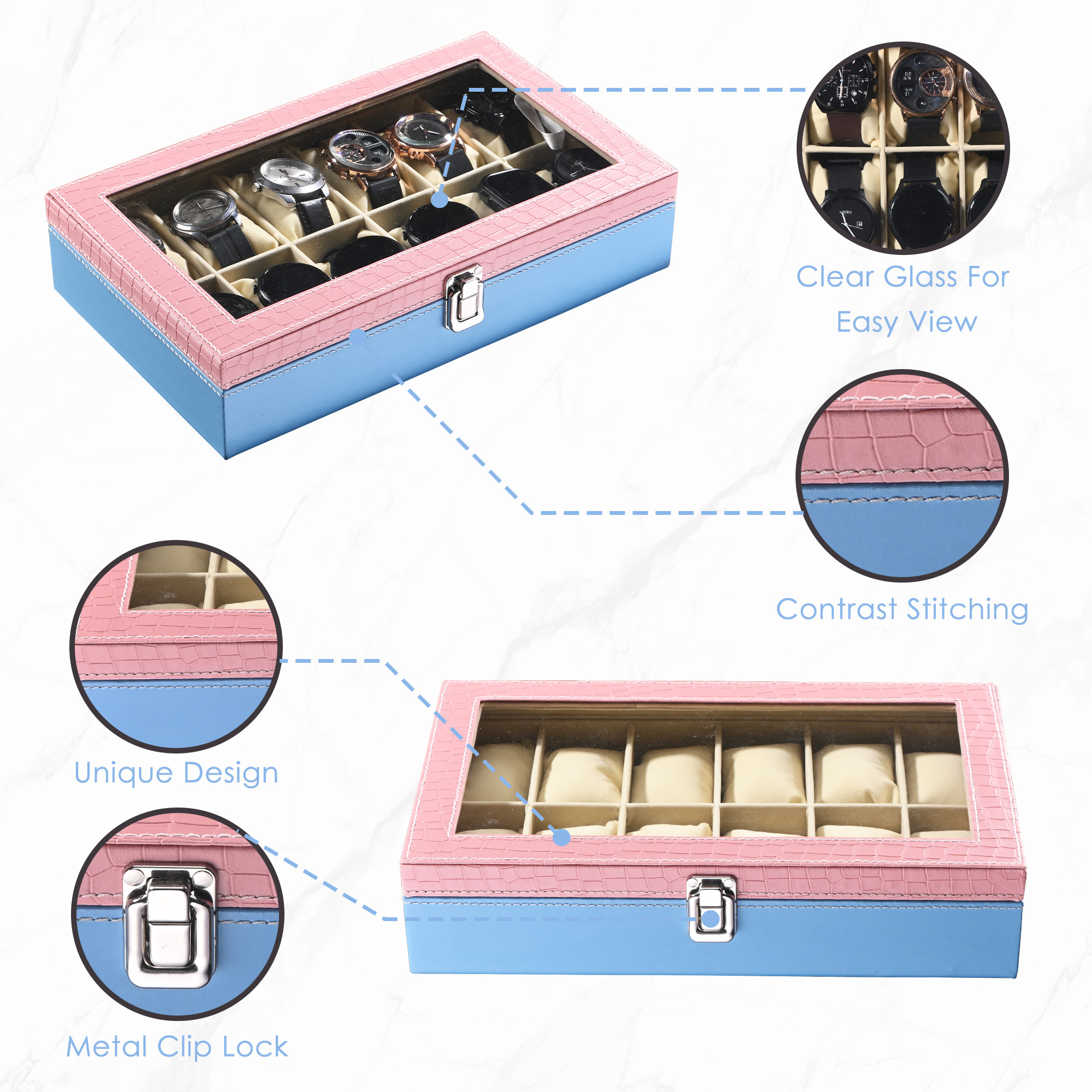 Kuber Industries Faux Leather See Through 12 Slots Wrist Watch Organiser Box for Men  Women  Watches Collection Case with Removable Pillows  Pink  Blue