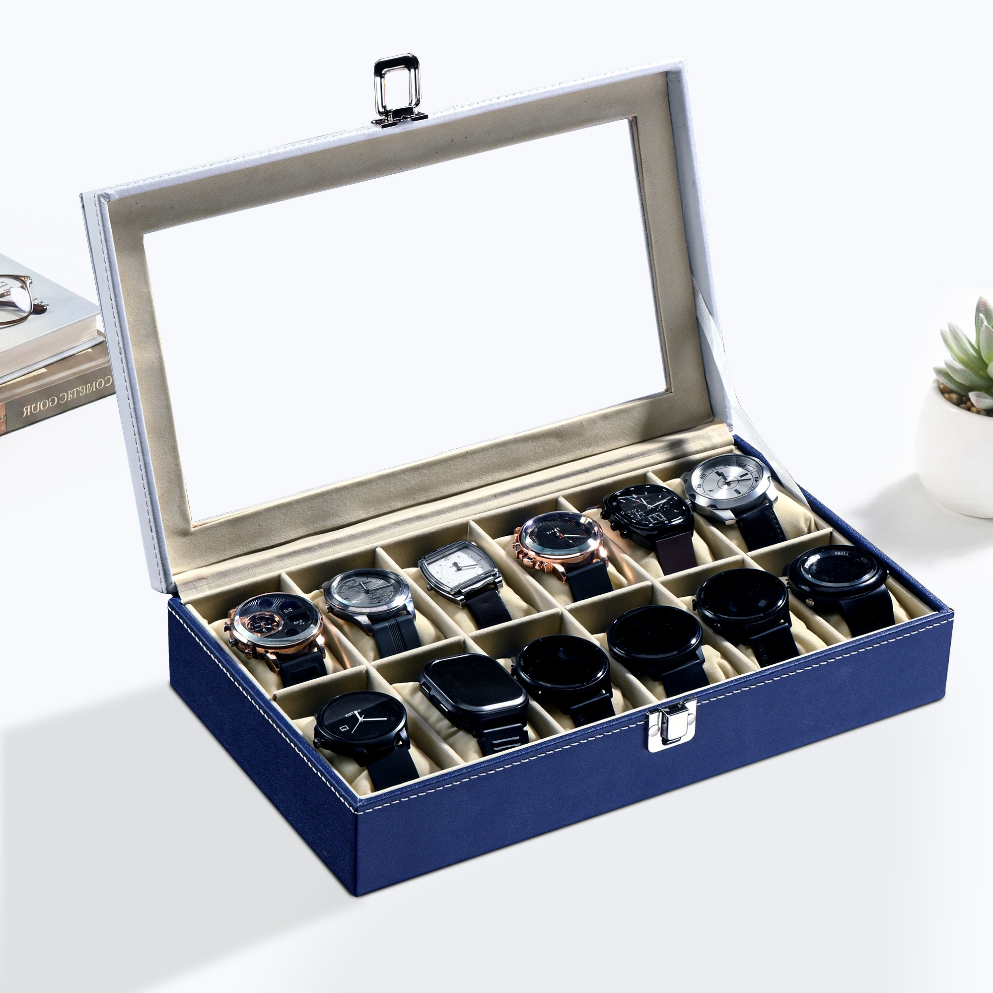 Kuber Industries Faux Leather See Through 12 Slots Wrist Watch Organiser Box for Men  Women  Watches Collection Case with Removable Pillows  Blue  White