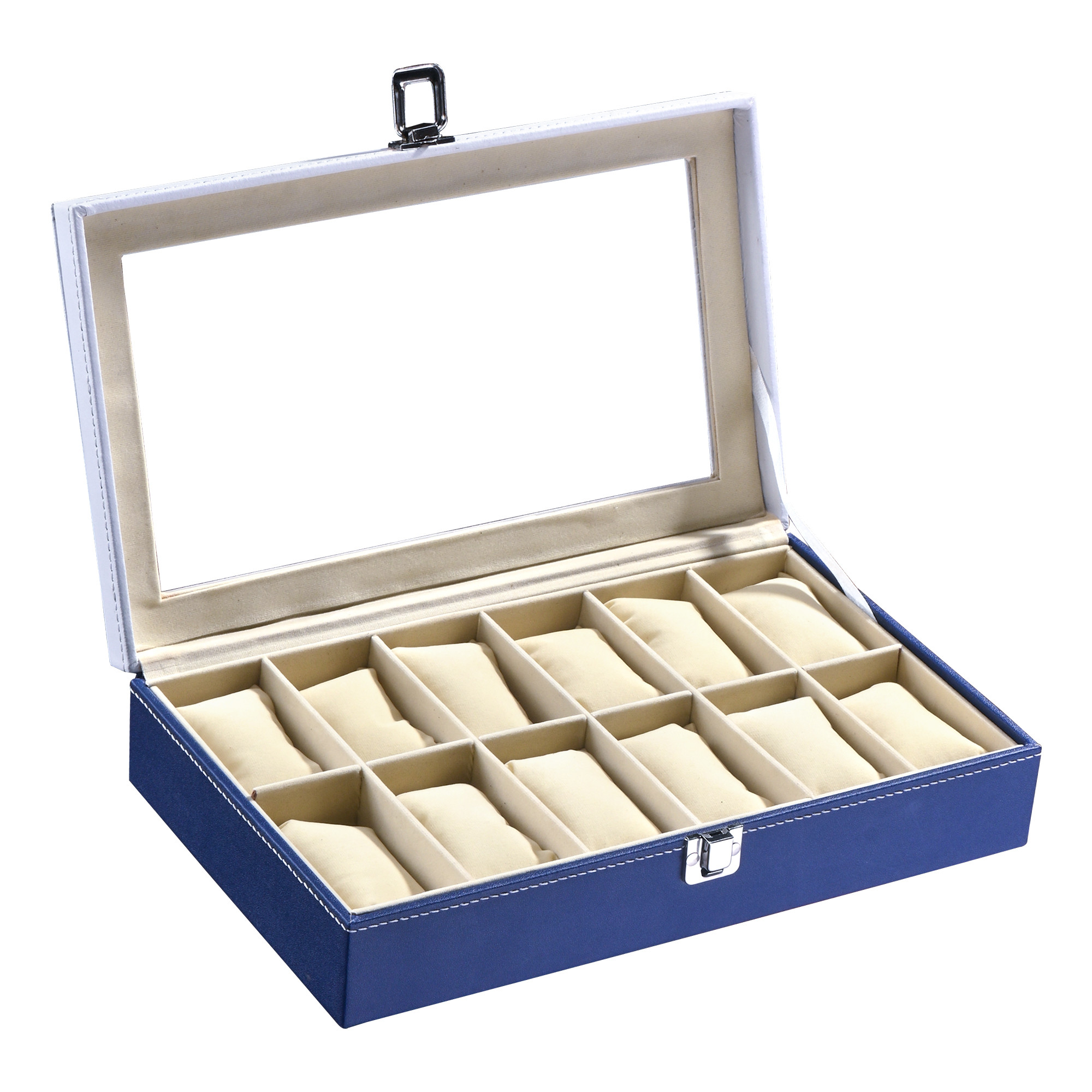 Kuber Industries Faux Leather See Through 12 Slots Wrist Watch Organiser Box for Men  Women  Watches Collection Case with Removable Pillows  Blue  White