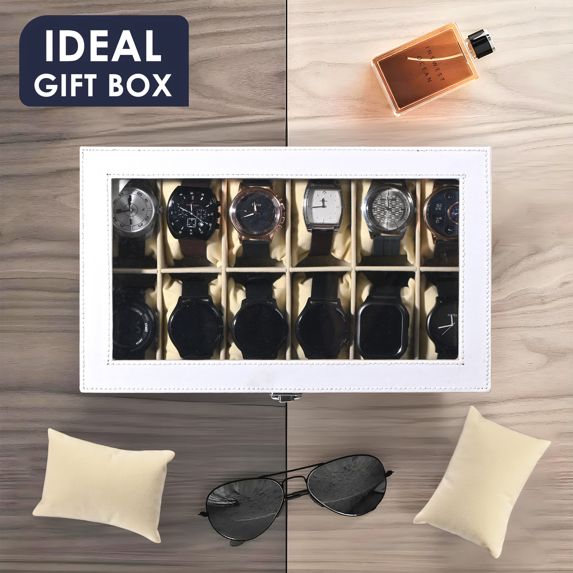 Kuber Industries Faux Leather See Through 12 Slots Wrist Watch Organiser Box for Men  Women  Watches Collection Case with Removable Pillows  Blue  White