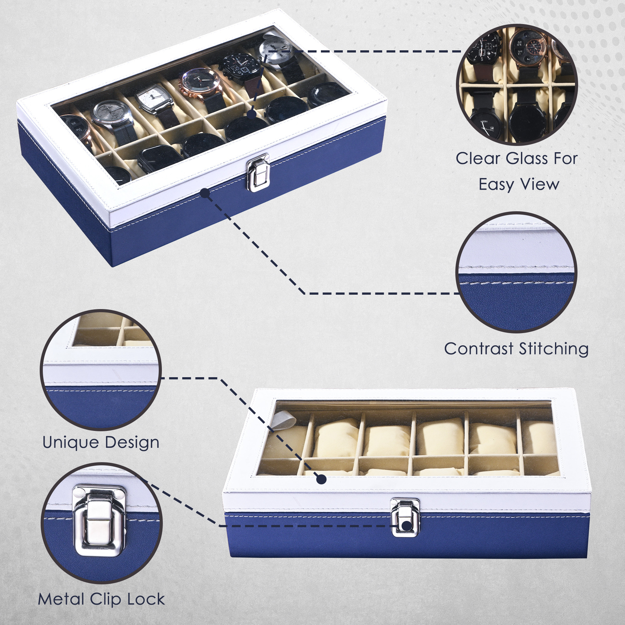 Kuber Industries Faux Leather See Through 12 Slots Wrist Watch Organiser Box for Men  Women  Watches Collection Case with Removable Pillows  Blue  White