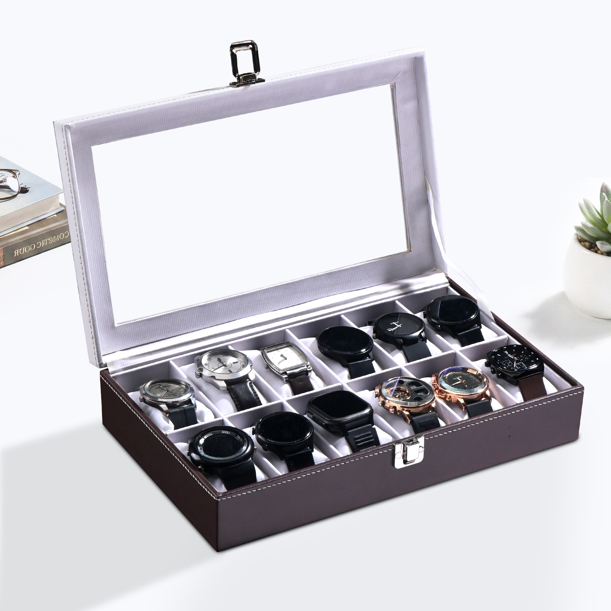 Kuber Industries Faux Leather See Through 12 Slots Wrist Watch Organiser Box for Men  Women  Watches Collection Case with Removable Pillows  Brown  White