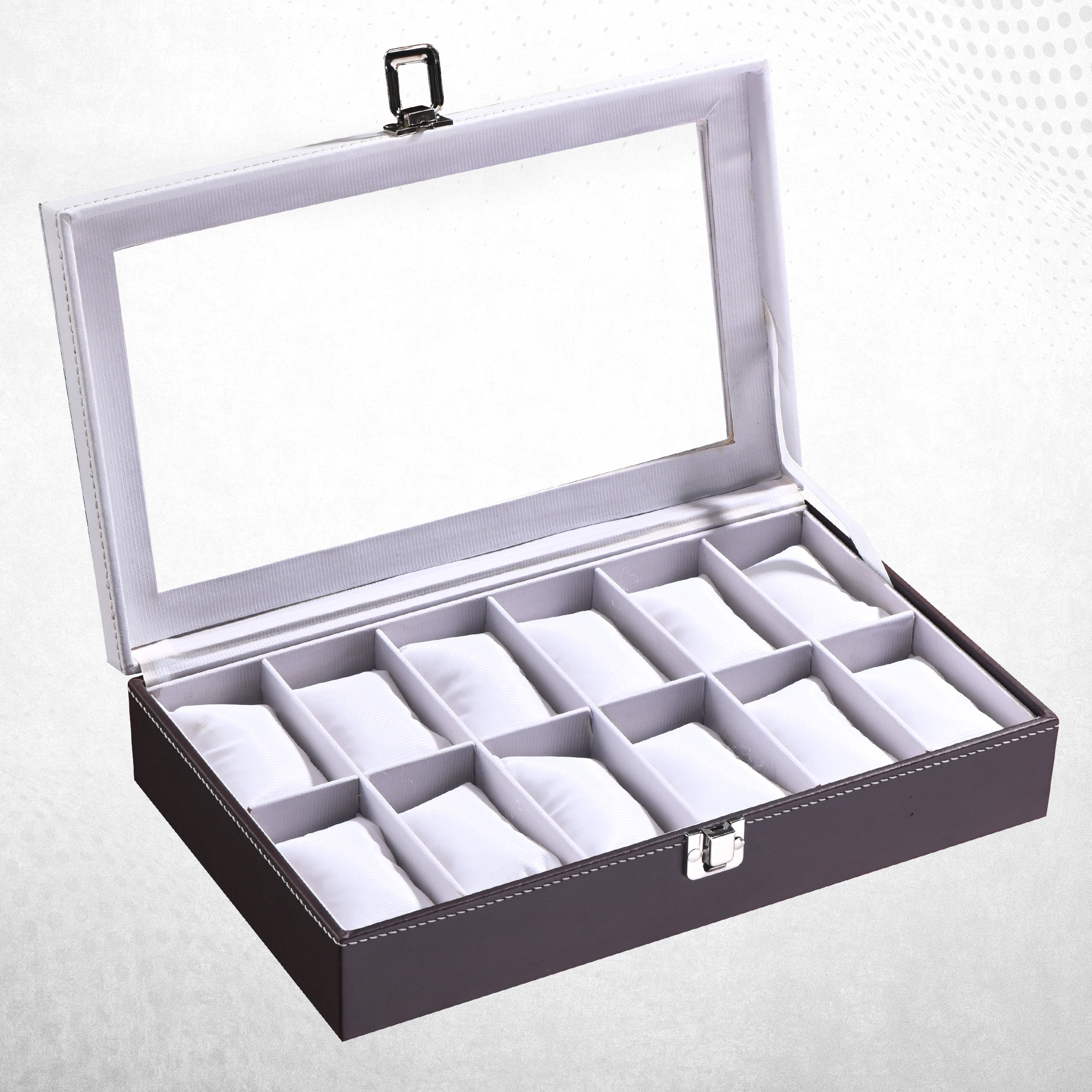 Kuber Industries Faux Leather See Through 12 Slots Wrist Watch Organiser Box for Men  Women  Watches Collection Case with Removable Pillows  Brown  White