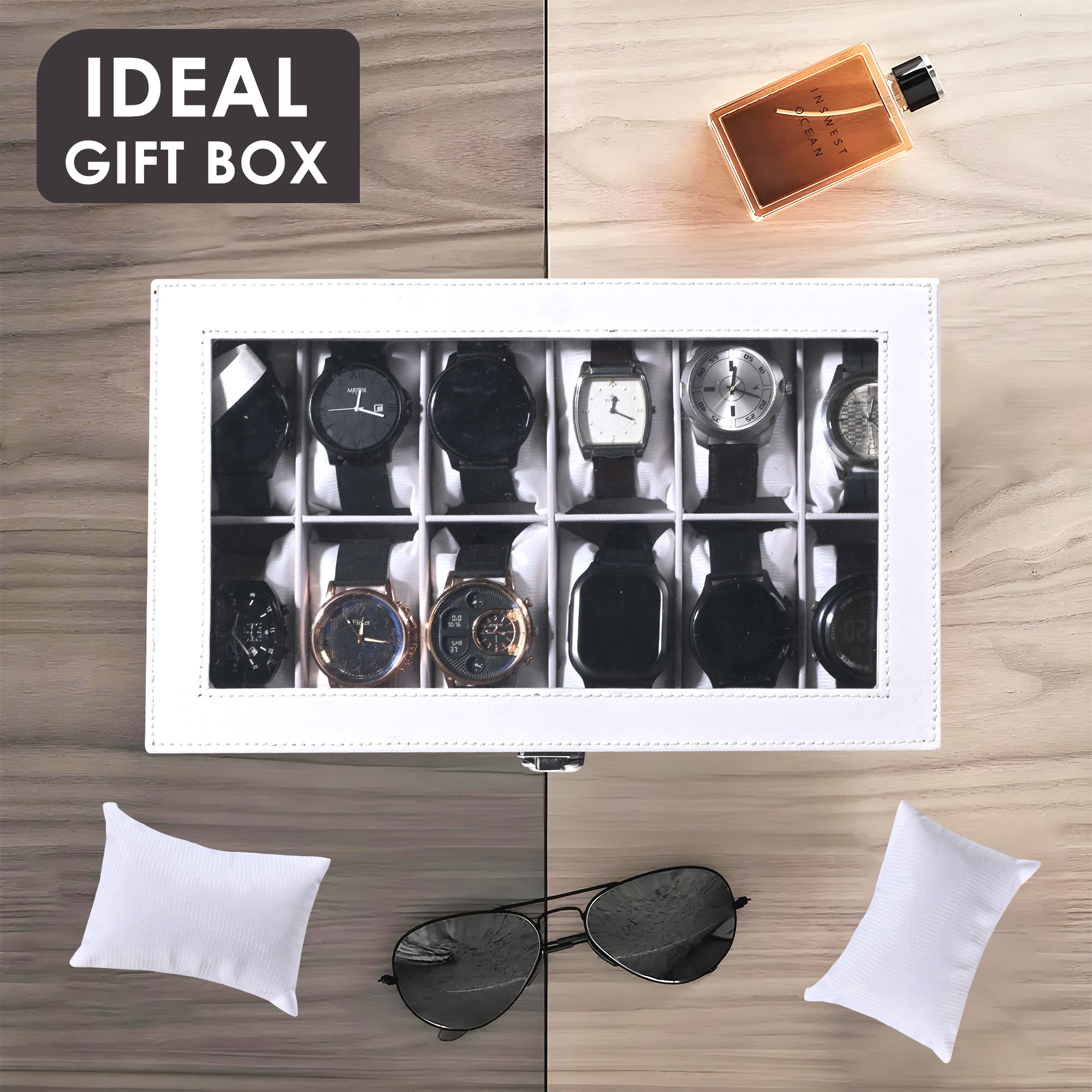 Kuber Industries Faux Leather See Through 12 Slots Wrist Watch Organiser Box for Men  Women  Watches Collection Case with Removable Pillows  Brown  White