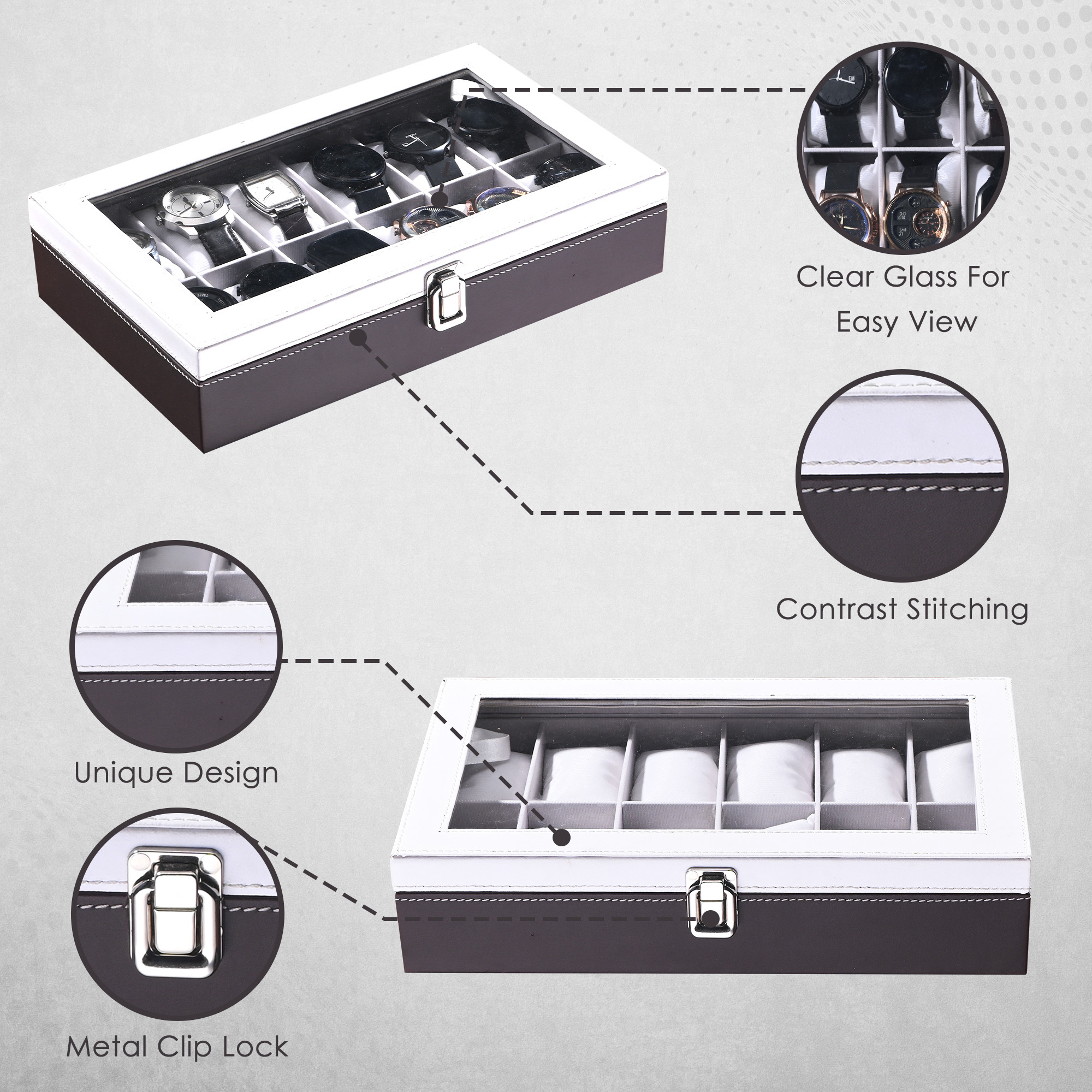 Kuber Industries Faux Leather See Through 12 Slots Wrist Watch Organiser Box for Men  Women  Watches Collection Case with Removable Pillows  Brown  White