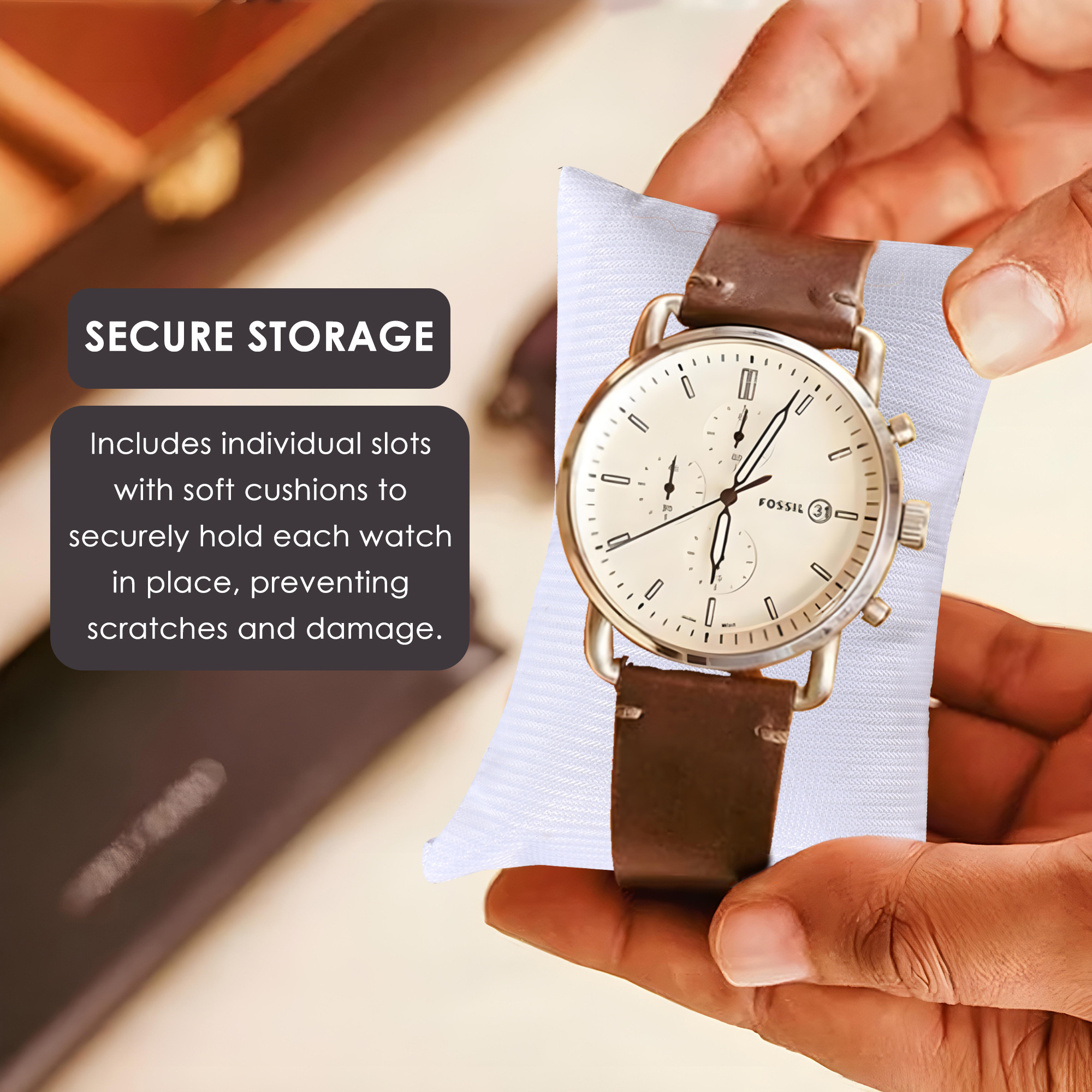 Kuber Industries Faux Leather See Through 12 Slots Wrist Watch Organiser Box for Men  Women  Watches Collection Case with Removable Pillows  Brown  White