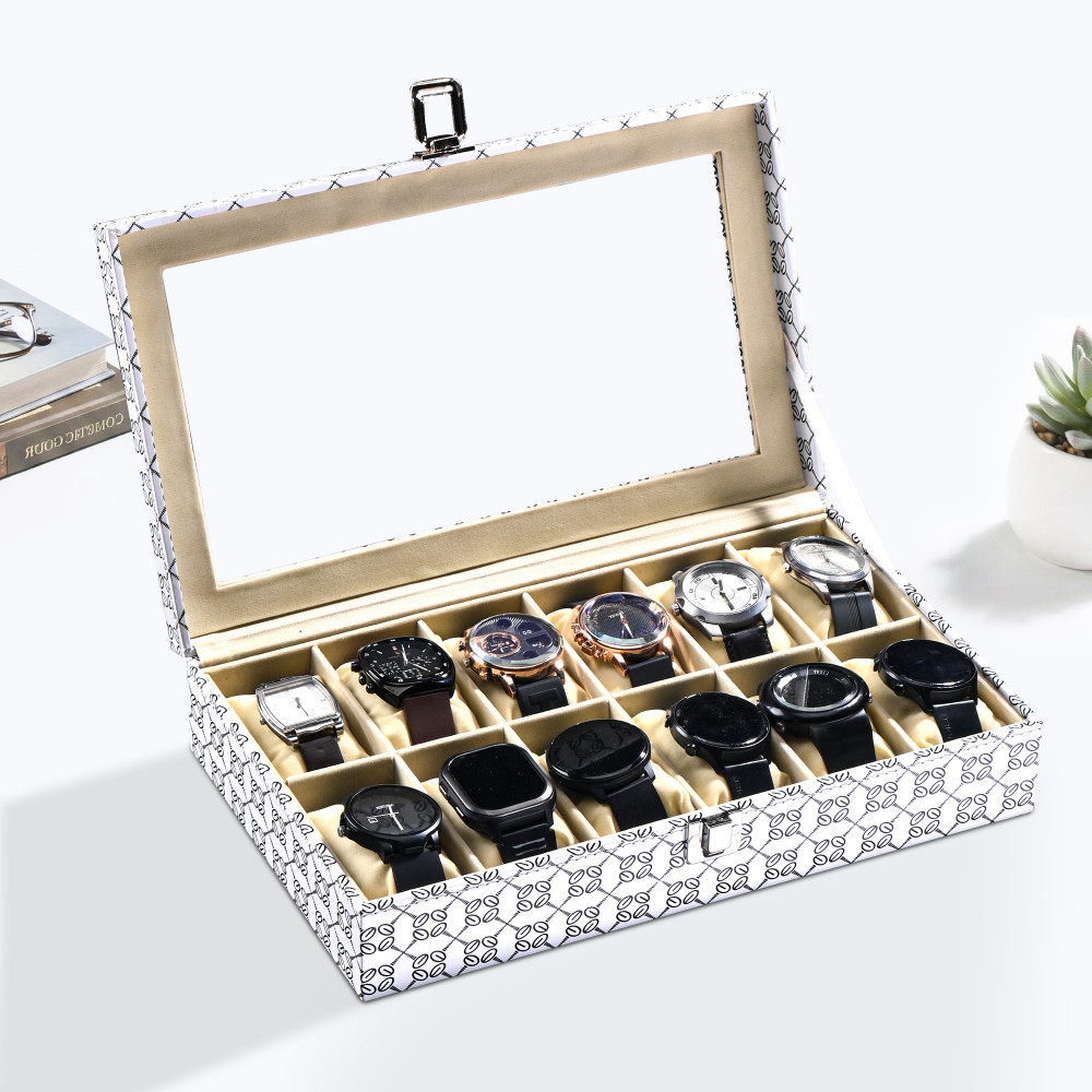 Image of Kuber Industries Faux Leather See Through 12 Slots Wrist Watch Organiser Box for Men &amp; Women | Watches Collection Case with Removable Pillows | Printed - White