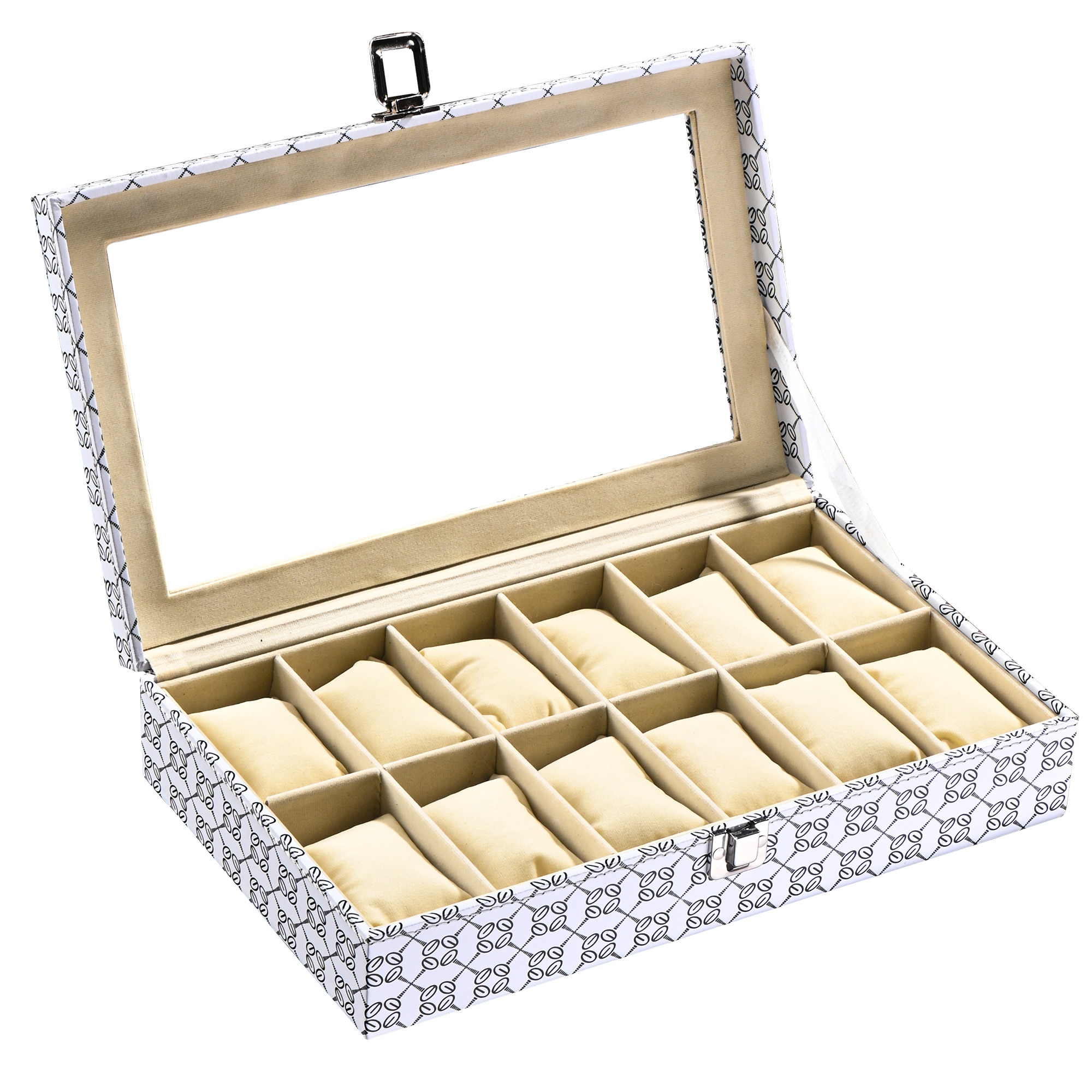 Kuber Industries Faux Leather See Through 12 Slots Wrist Watch Organiser Box for Men  Women  Watches Collection Case with Removable Pillows  Printed - White