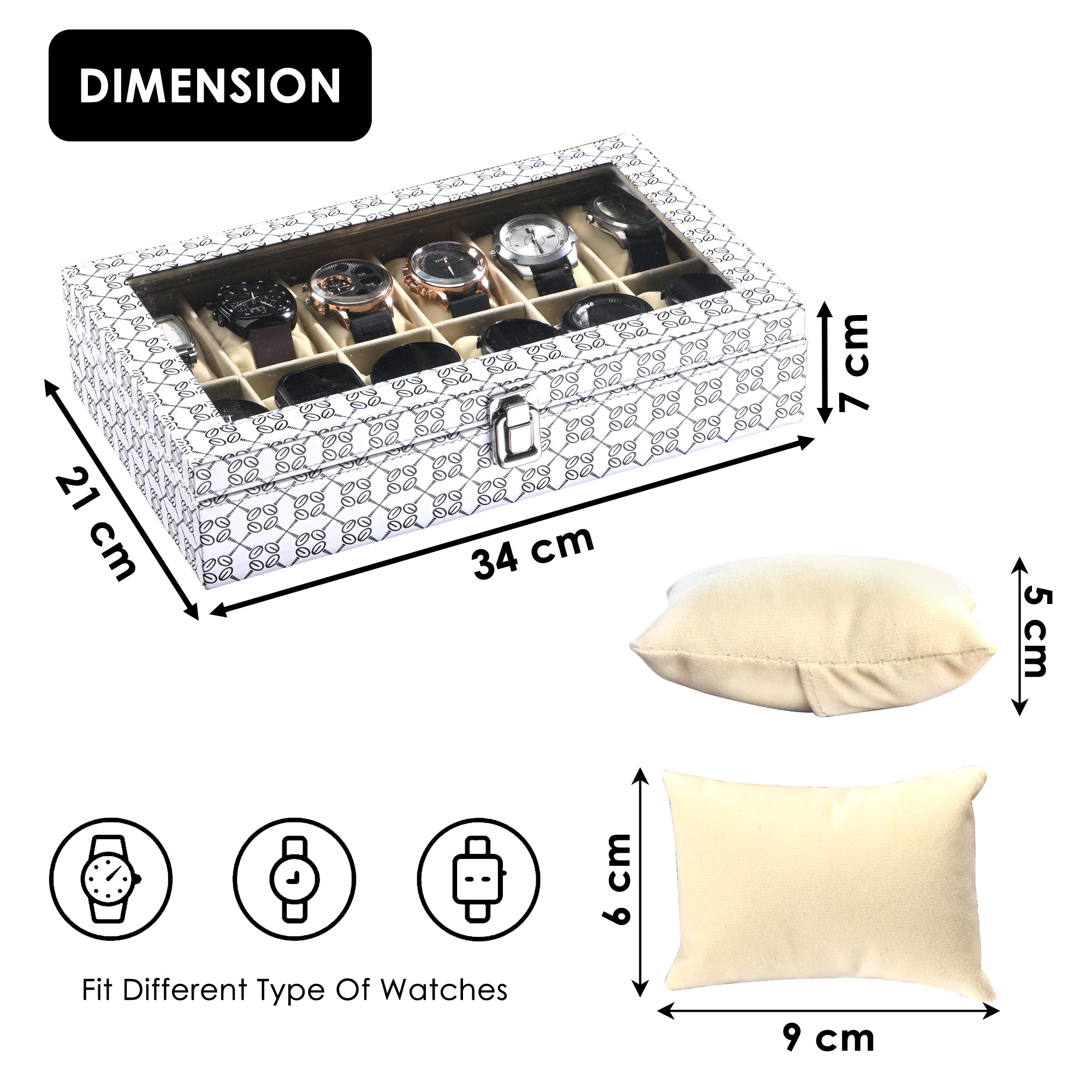 Kuber Industries Faux Leather See Through 12 Slots Wrist Watch Organiser Box for Men  Women  Watches Collection Case with Removable Pillows  Printed - White
