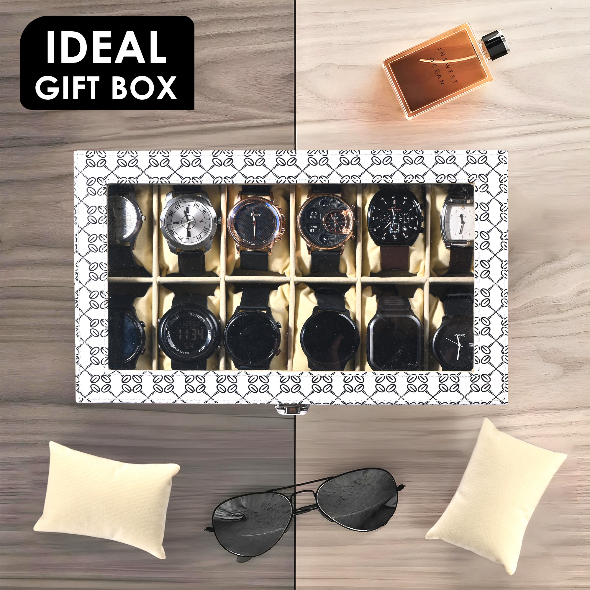 Kuber Industries Faux Leather See Through 12 Slots Wrist Watch Organiser Box for Men  Women  Watches Collection Case with Removable Pillows  Printed - White