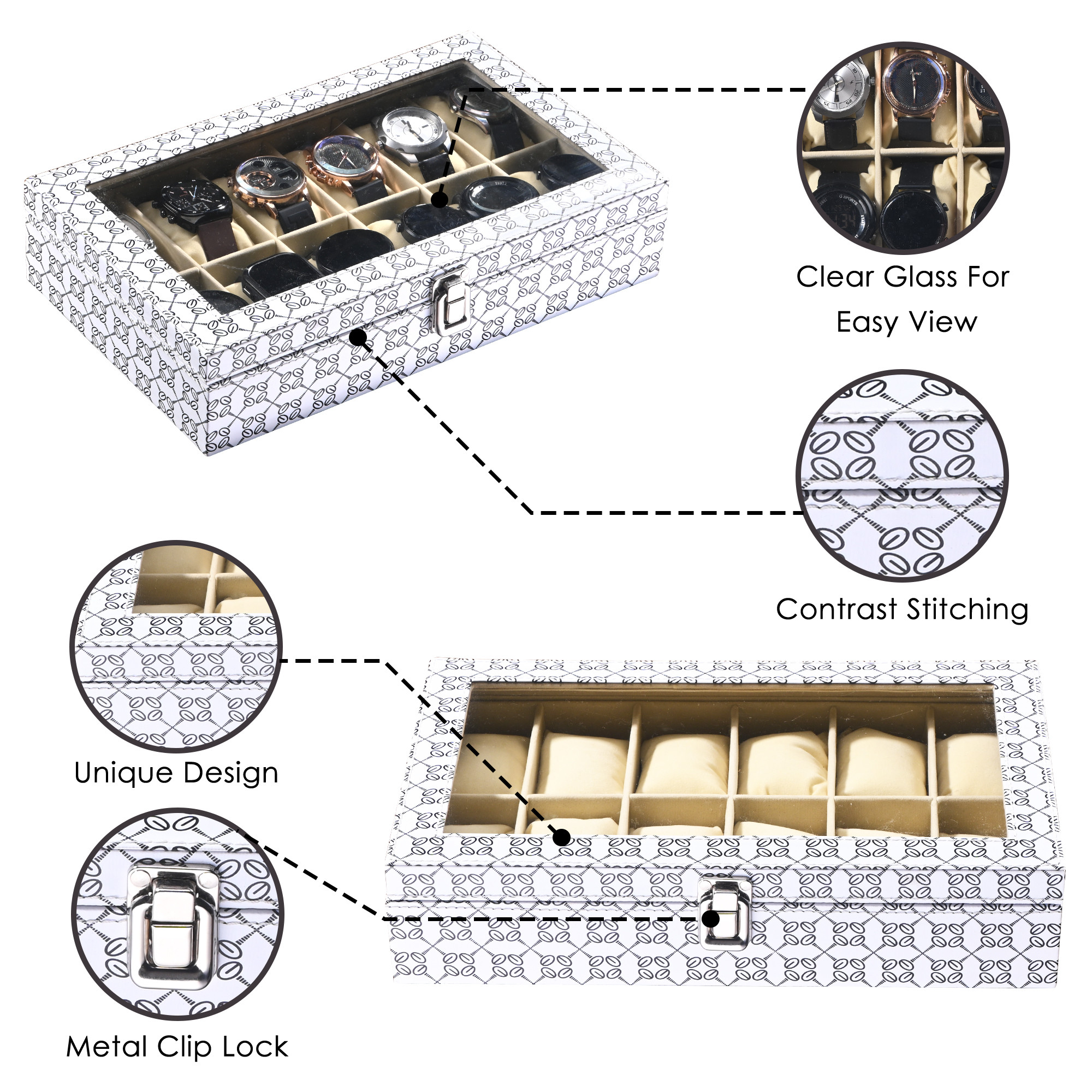 Kuber Industries Faux Leather See Through 12 Slots Wrist Watch Organiser Box for Men  Women  Watches Collection Case with Removable Pillows  Printed - White